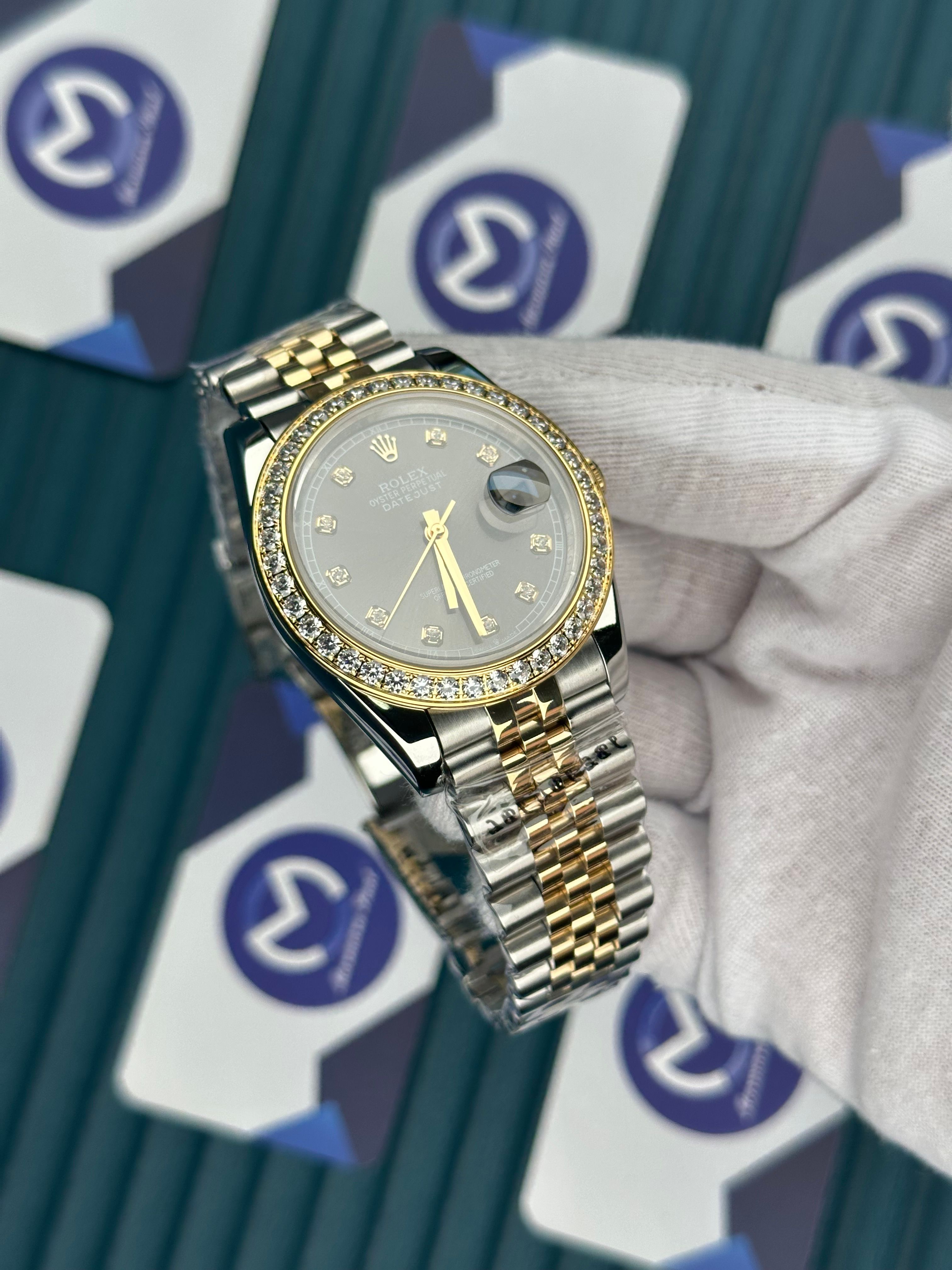 ROLEX DATEJUST GREY DIAL DIAMOND BEZEL GOLD-SILVER JUBILE