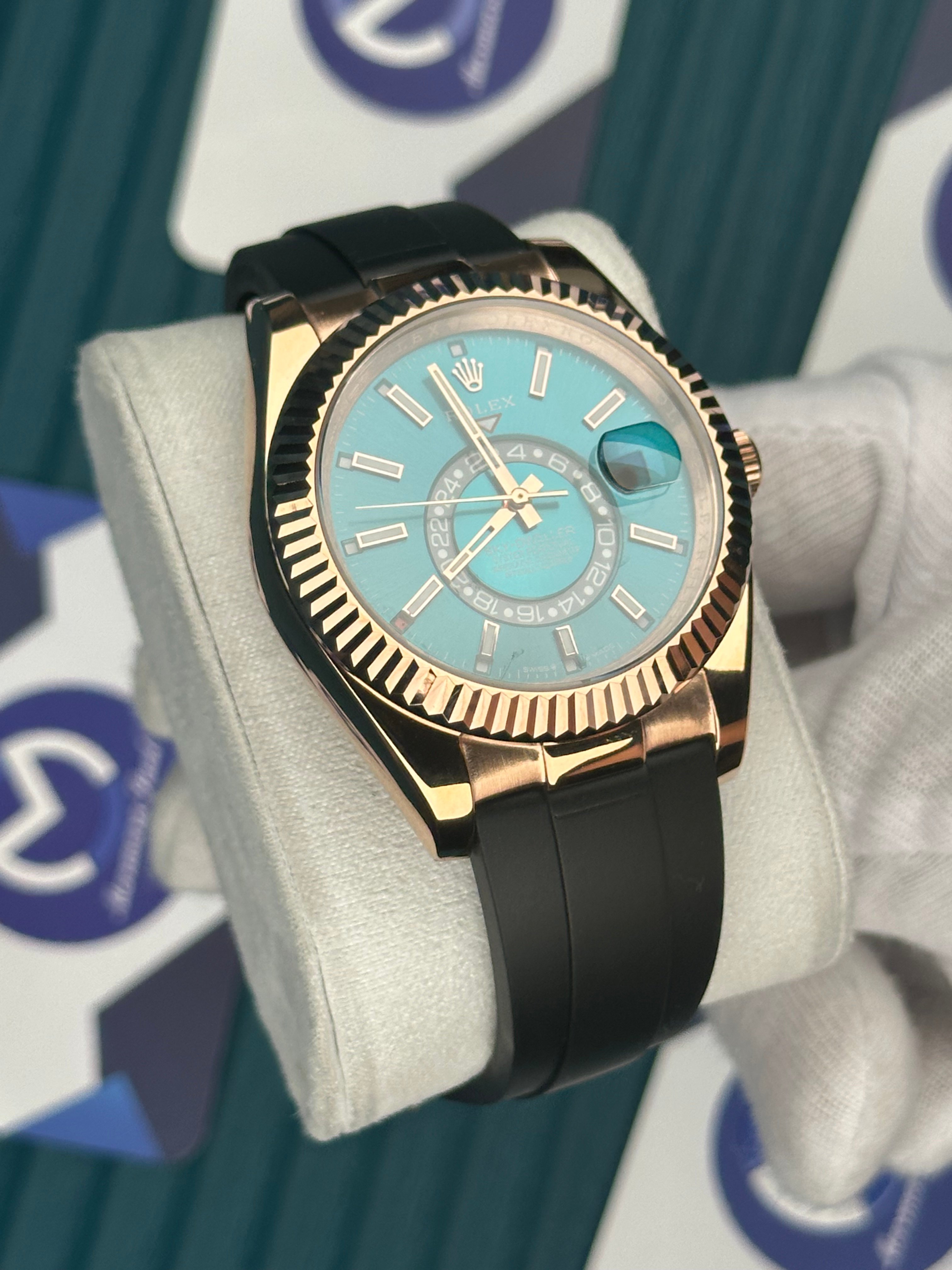ROLEX SKY-DWELLER BLUE DIAL ROSE CASE BLACK OYSTERFLEX