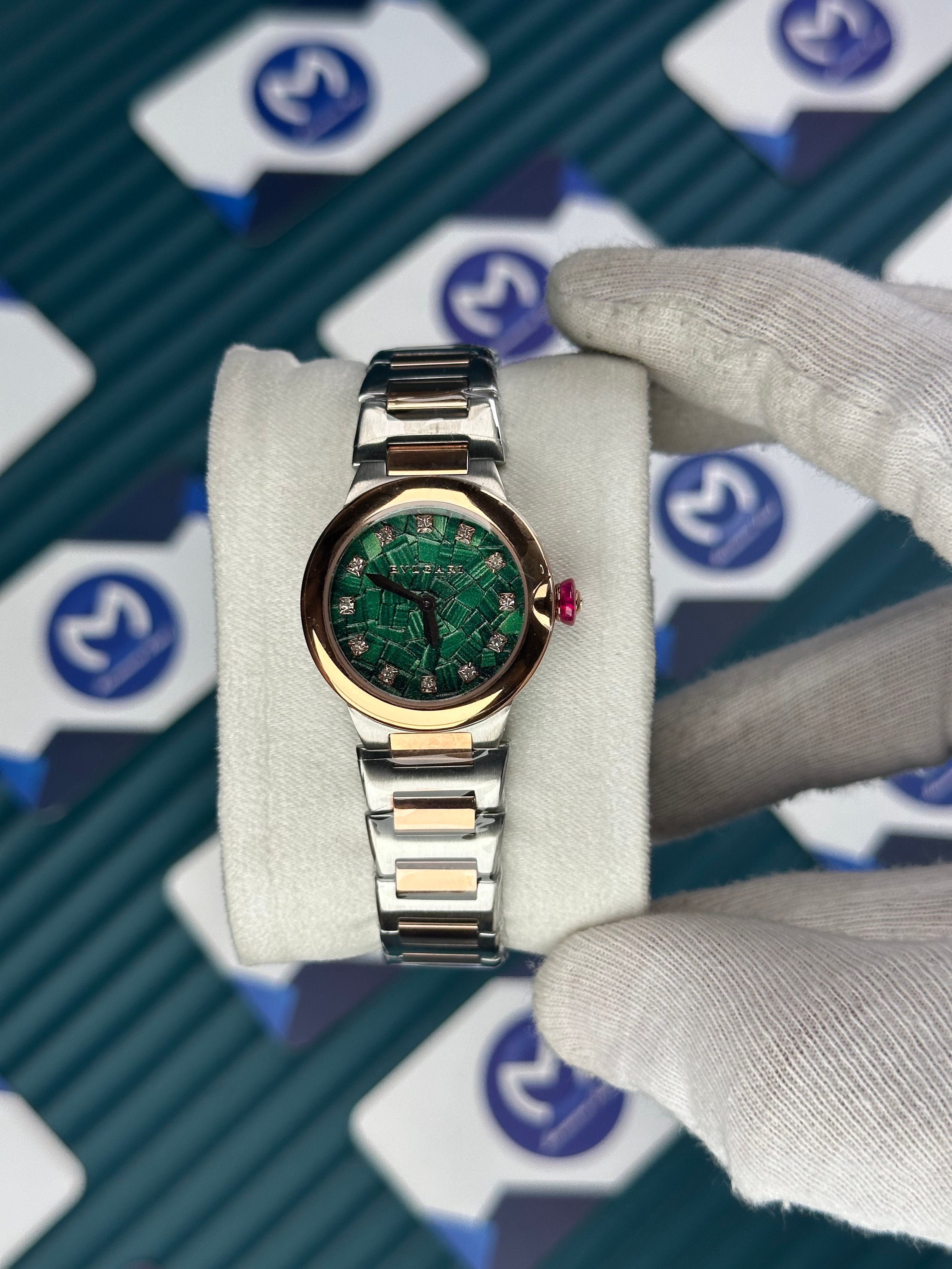 BVLGARI GREEN PATTERNED DIAL DIAMOND INDEX ROSE BEZEL ROSE-SILVER BRACELET