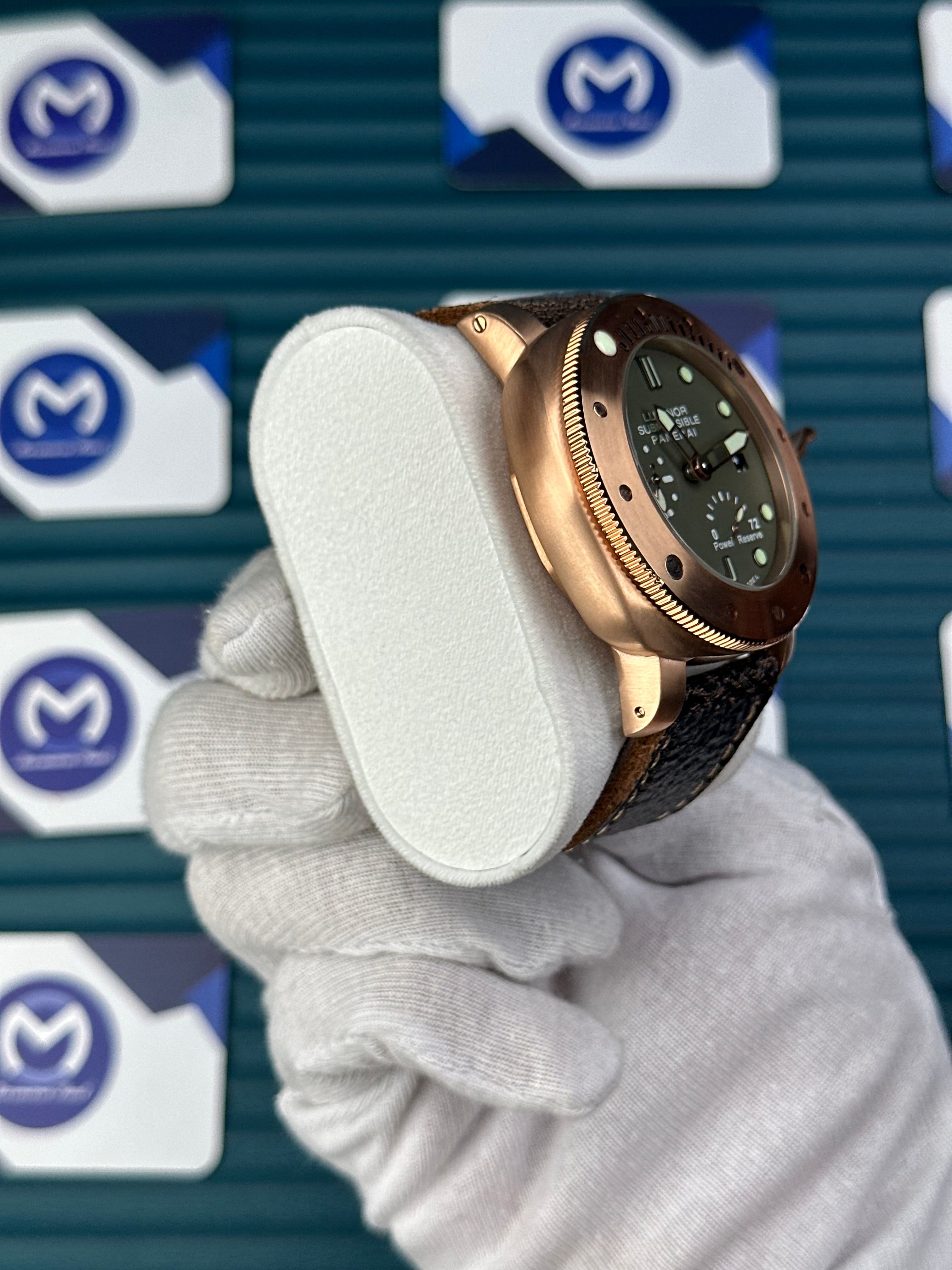 LUMINOR SUBMERSIBLE PANERAI GREEN DIAL ROSE CASE BROWN LEATHER CORD