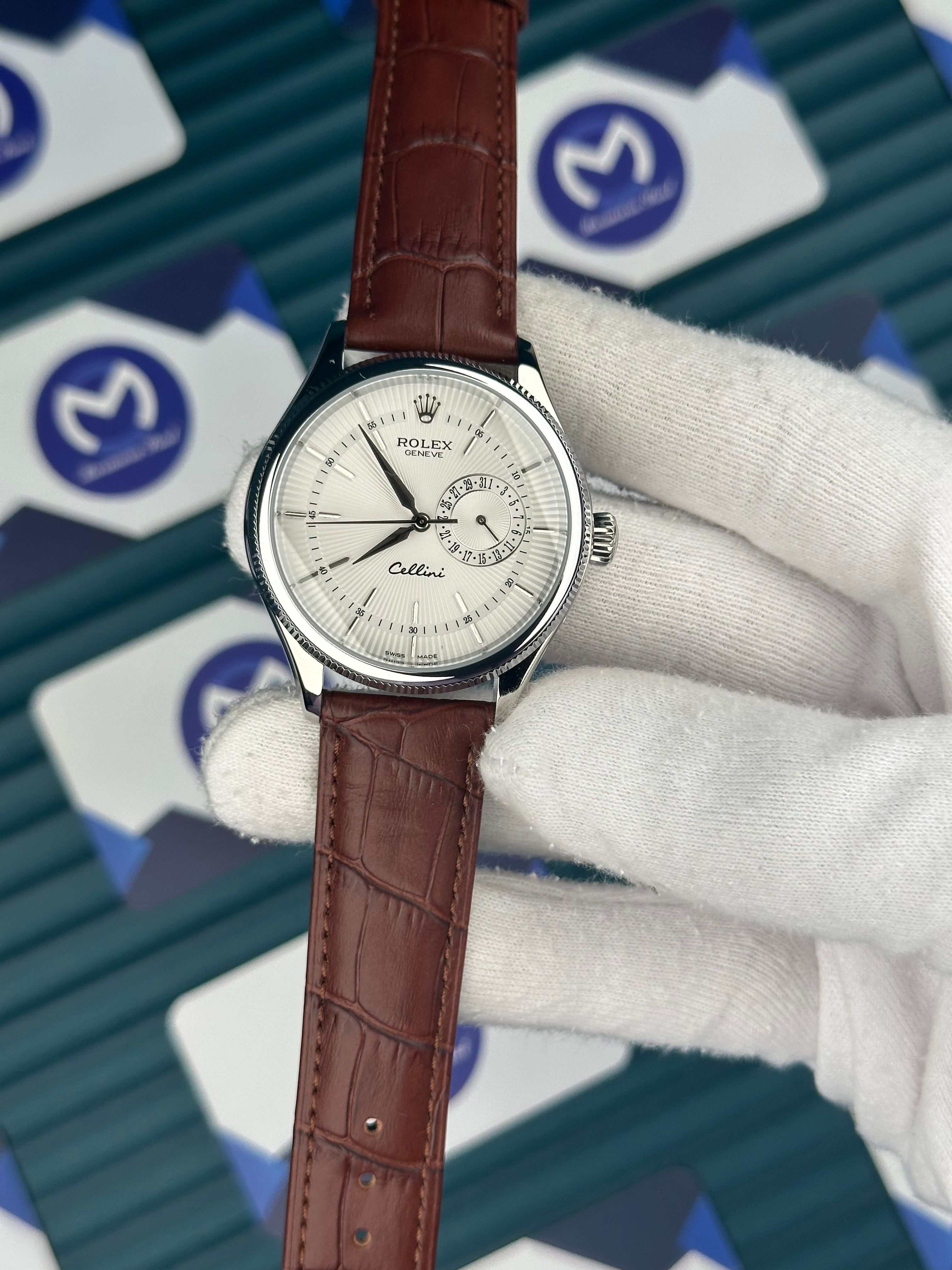 Rolex Cellini Beyaz Fonksiyonlu Kadran Kahverengi Deri Kordon