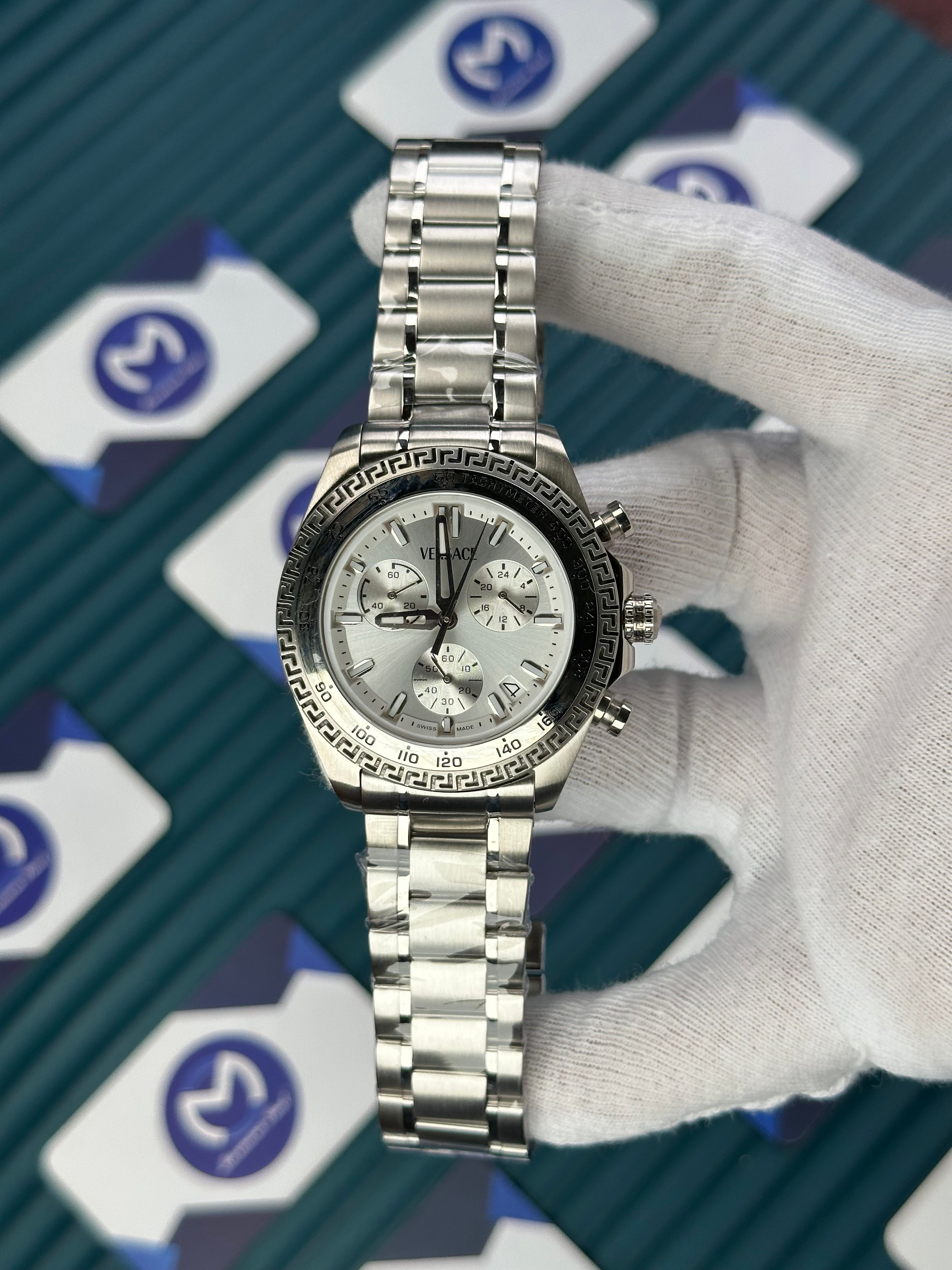 VERSACE WHITE DIAL CHRONOMOMETER SILVER BEZEL AND CORD NEW SEASON