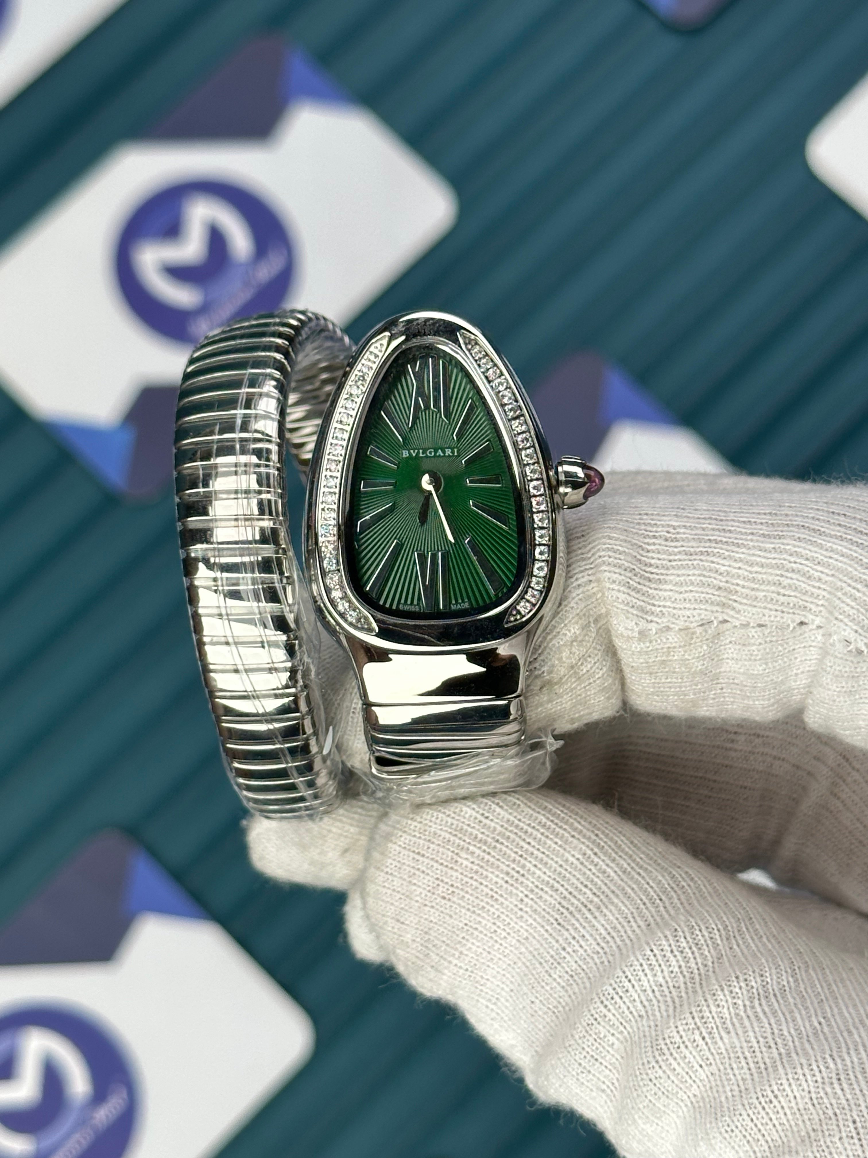 BVLGARI SERPENTI GREEN DIAL DIAMOND BEZEL SILVER SHORT TUBOGAS