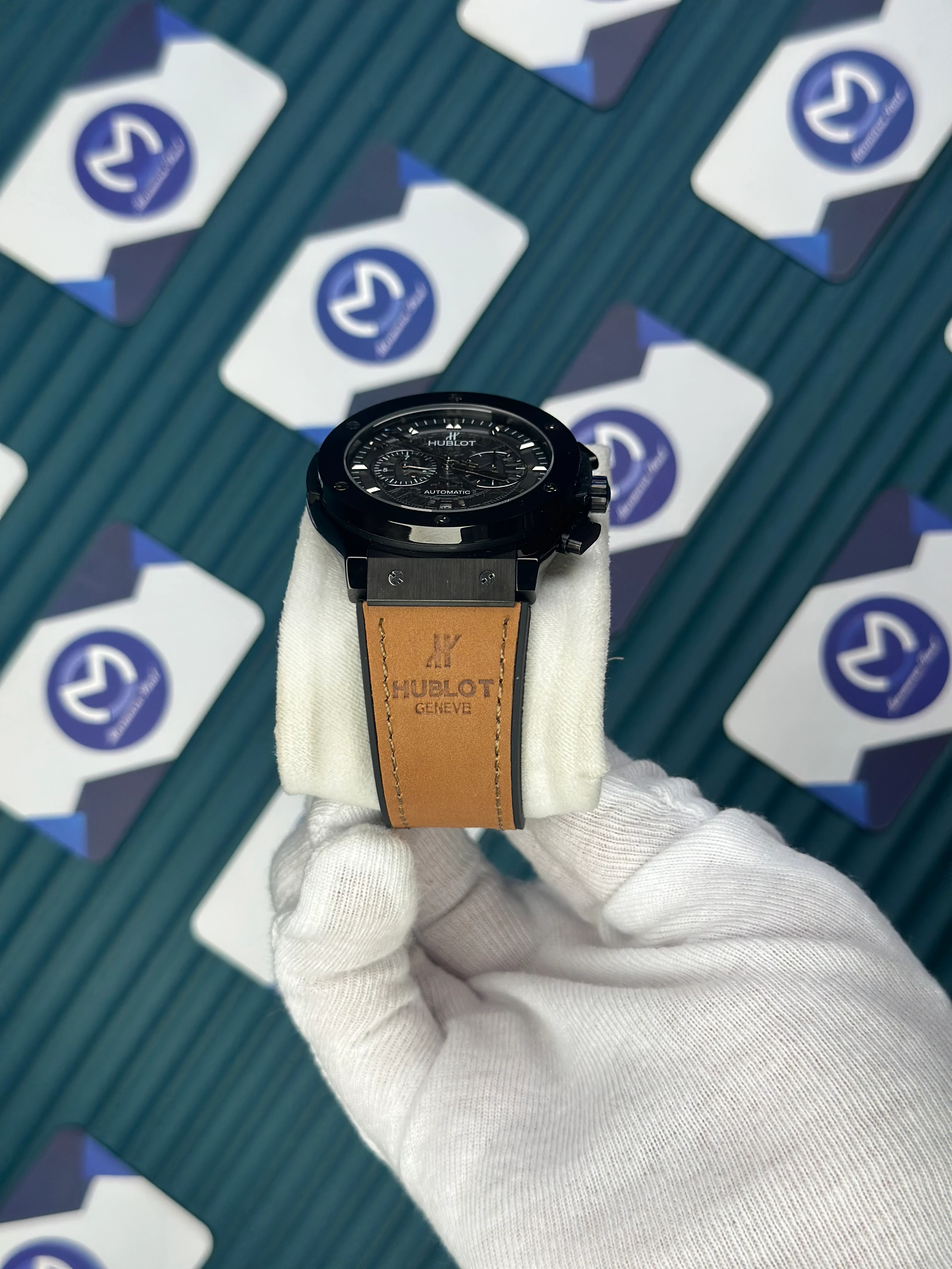 HUBLOT AUTOMATIC CLASSIC FUSHION VENDOME BLACK CASE SKELETON DIAL BROWN LEATHER CORD 