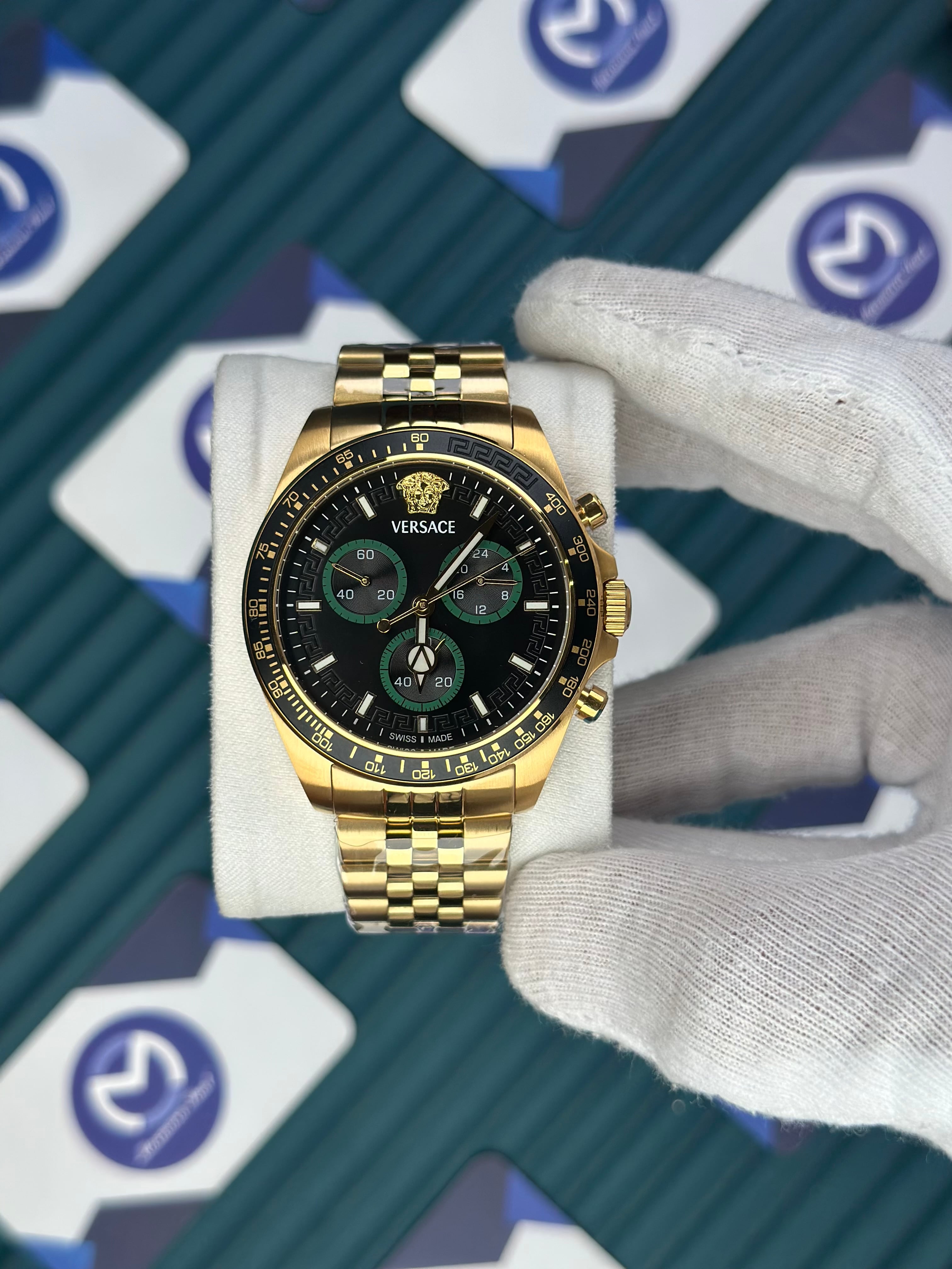 VERSACE NEW BLACK DIAL CHRONOGRAPH GOLD JUBILE