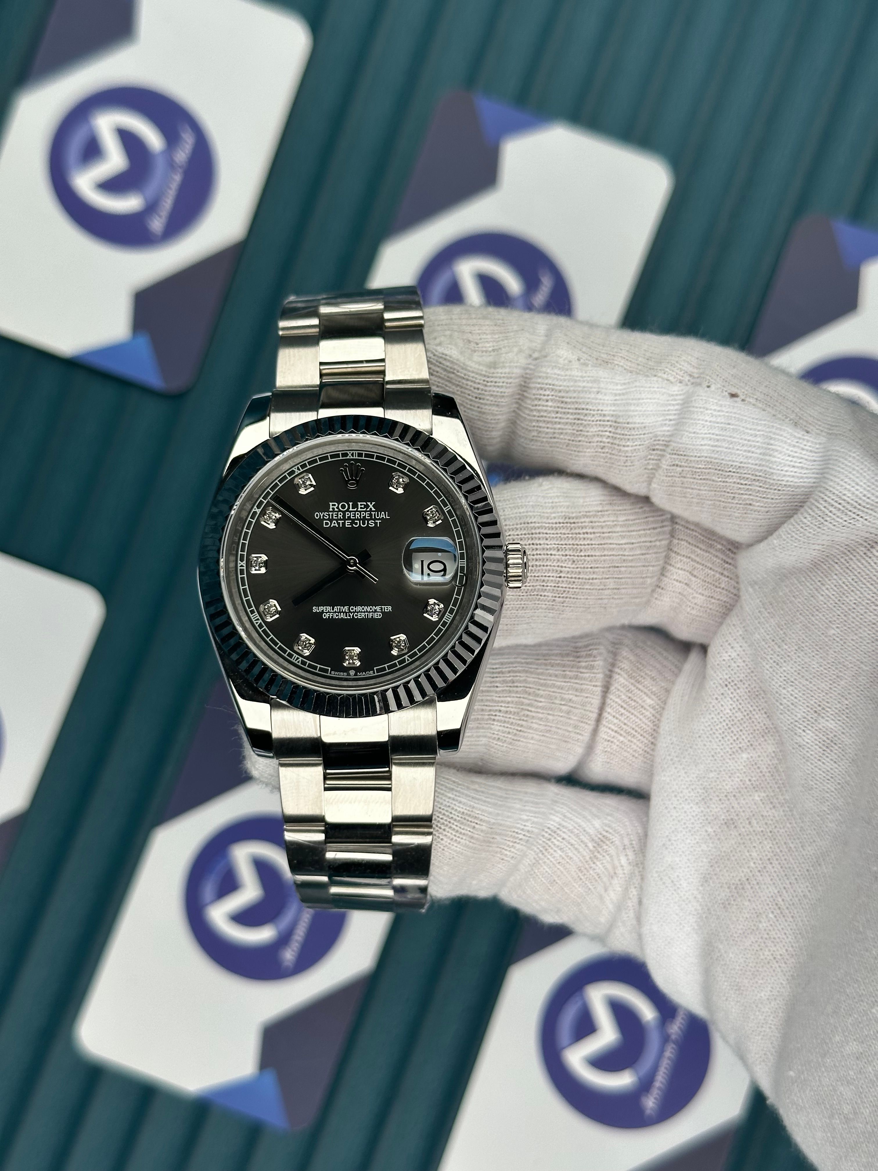 ROLEX DATEJUST GREY DIAL DIAMOND INDEX SILVER OYSTER