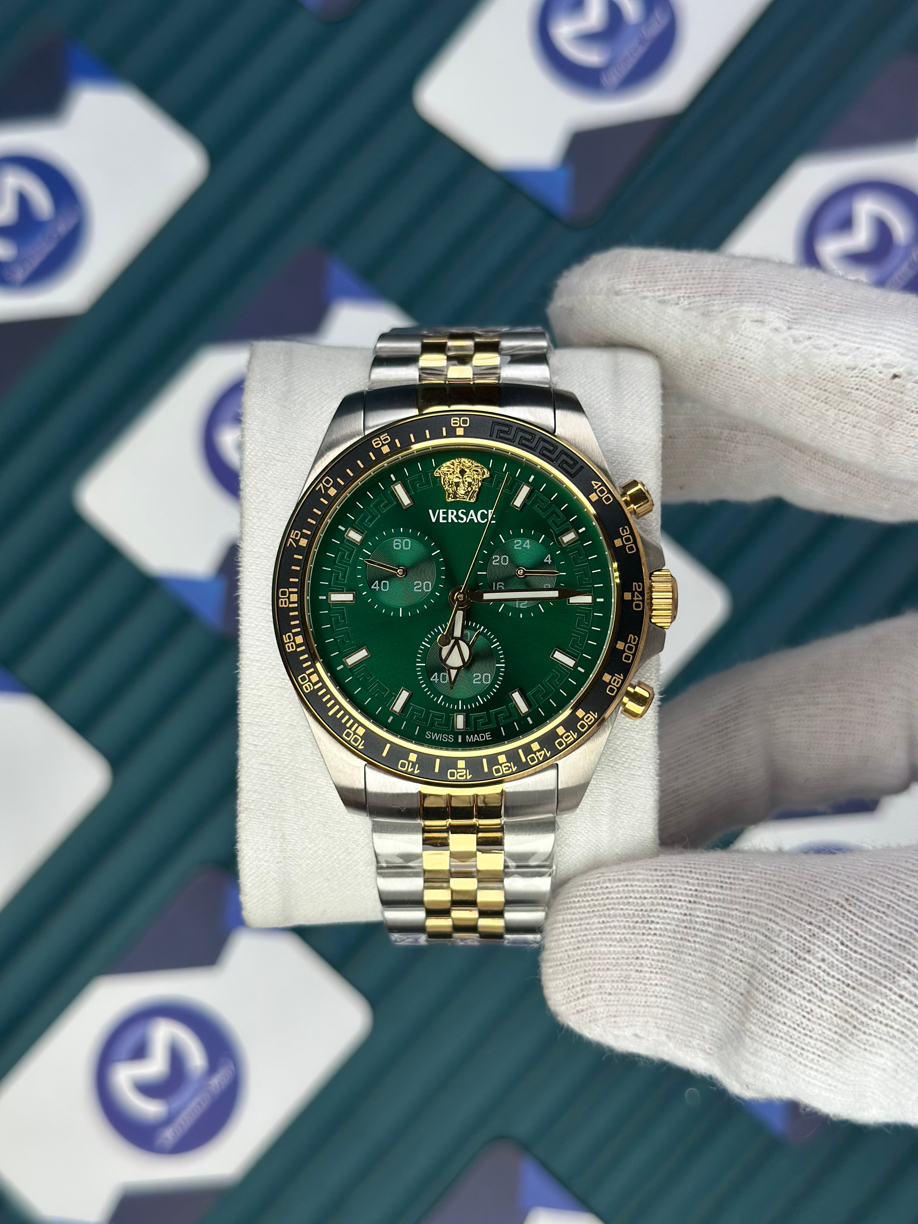 VERSACE NEW GREEN DIAL CHRONOGRAPH GOLD-SILVER JUBILE