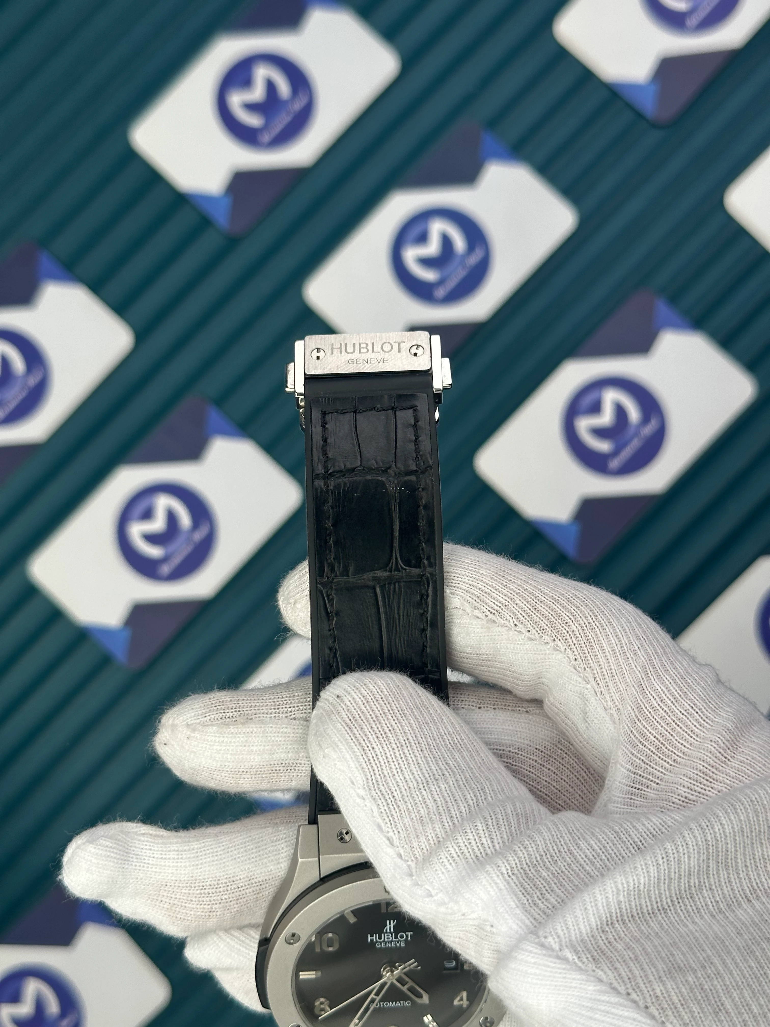 HUBLOT GENEVE AUTOMATIC BLACK DIAL GREY CASE BLACK LEATHER CORD 