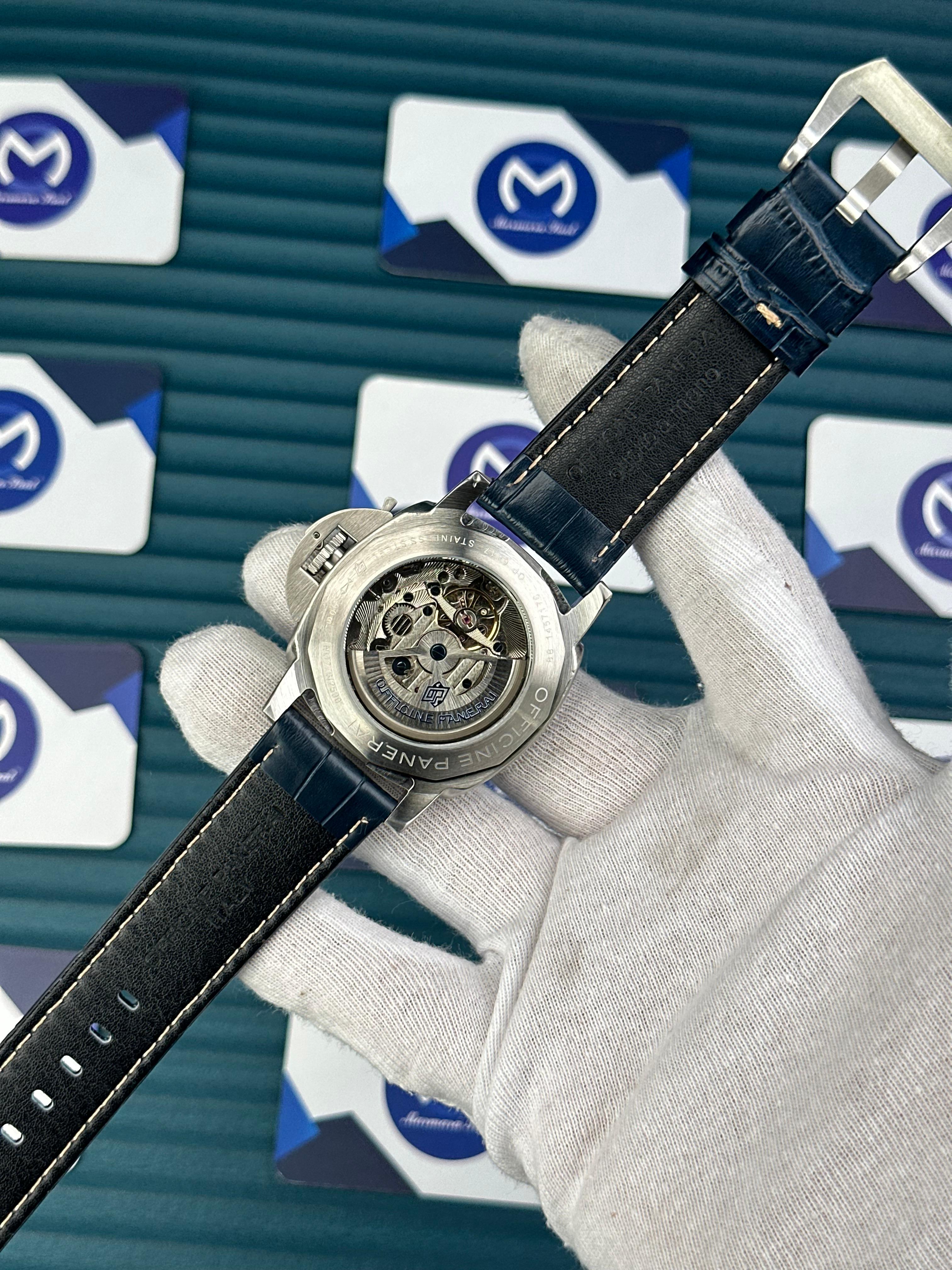 LUMINOR MARINA PANERAI SILVER CASE BLUE DIAL NAVY BLUE LEATHER CORD