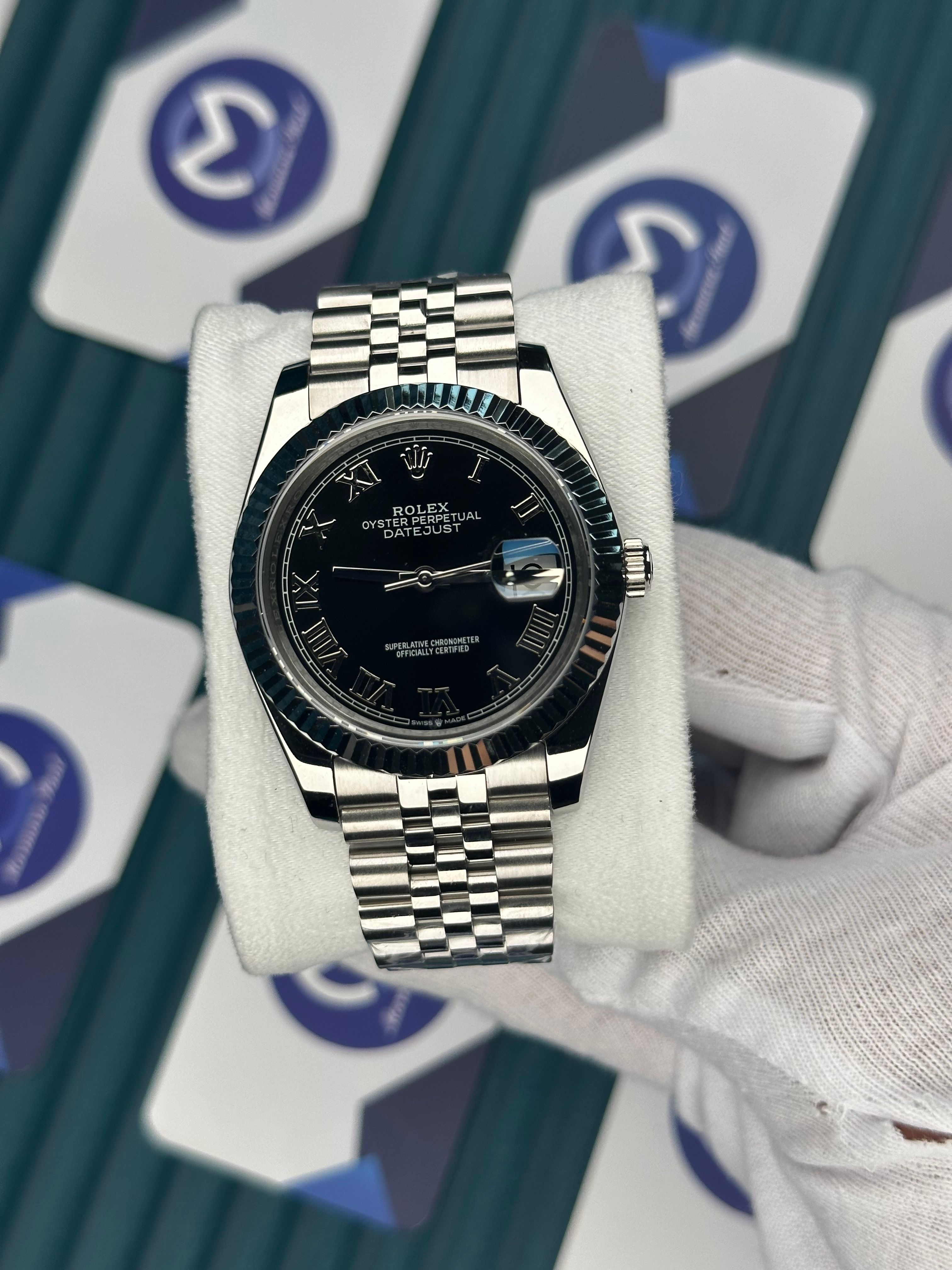 ROLEX DATEJUST BLACK DIAL ROMA SILVER INDEX SILVER JUBILE