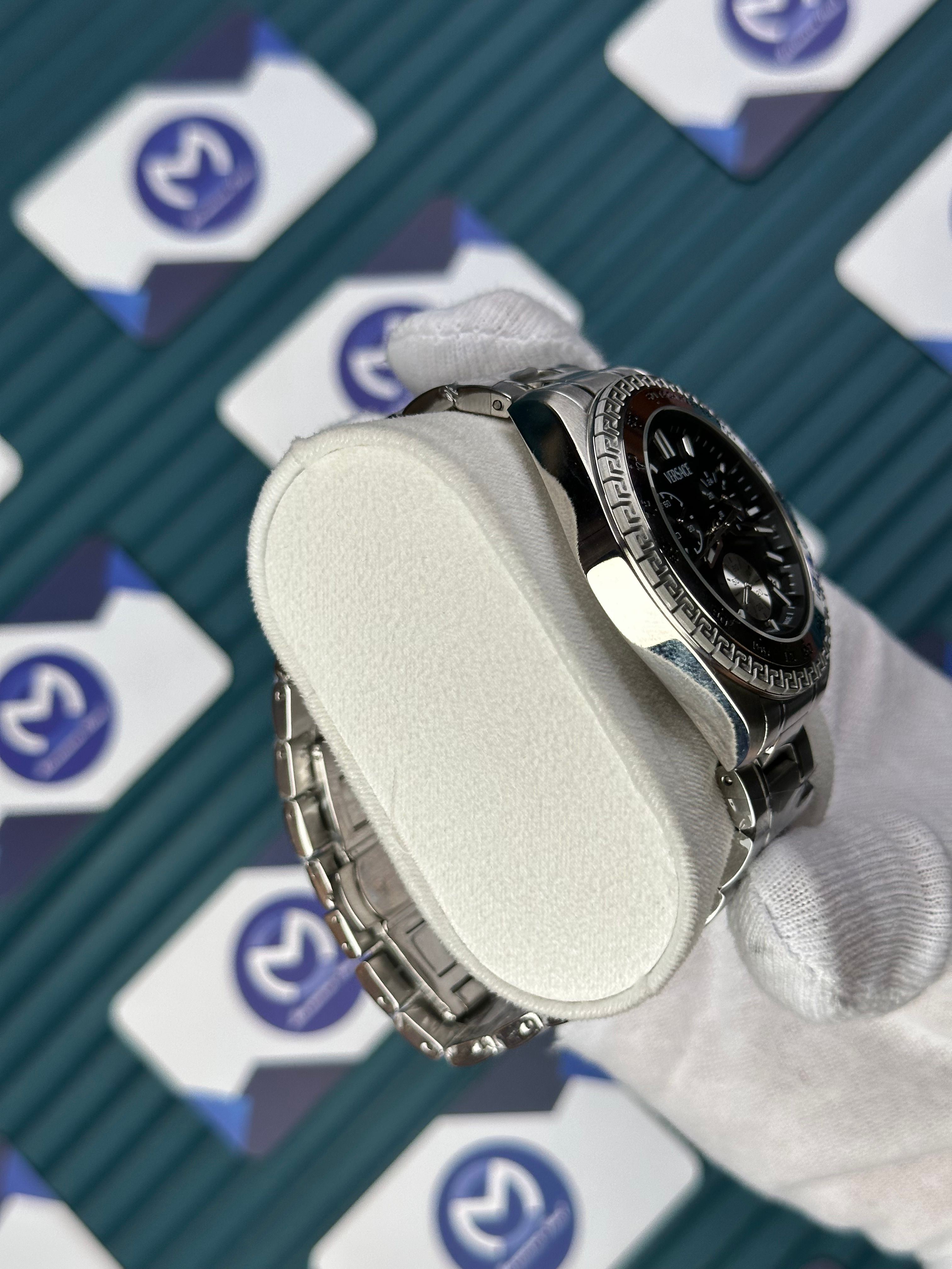 VERSACE BLACK DIAL CHRONOMOMETER SILVER BEZEL AND CORD NEW SEASON