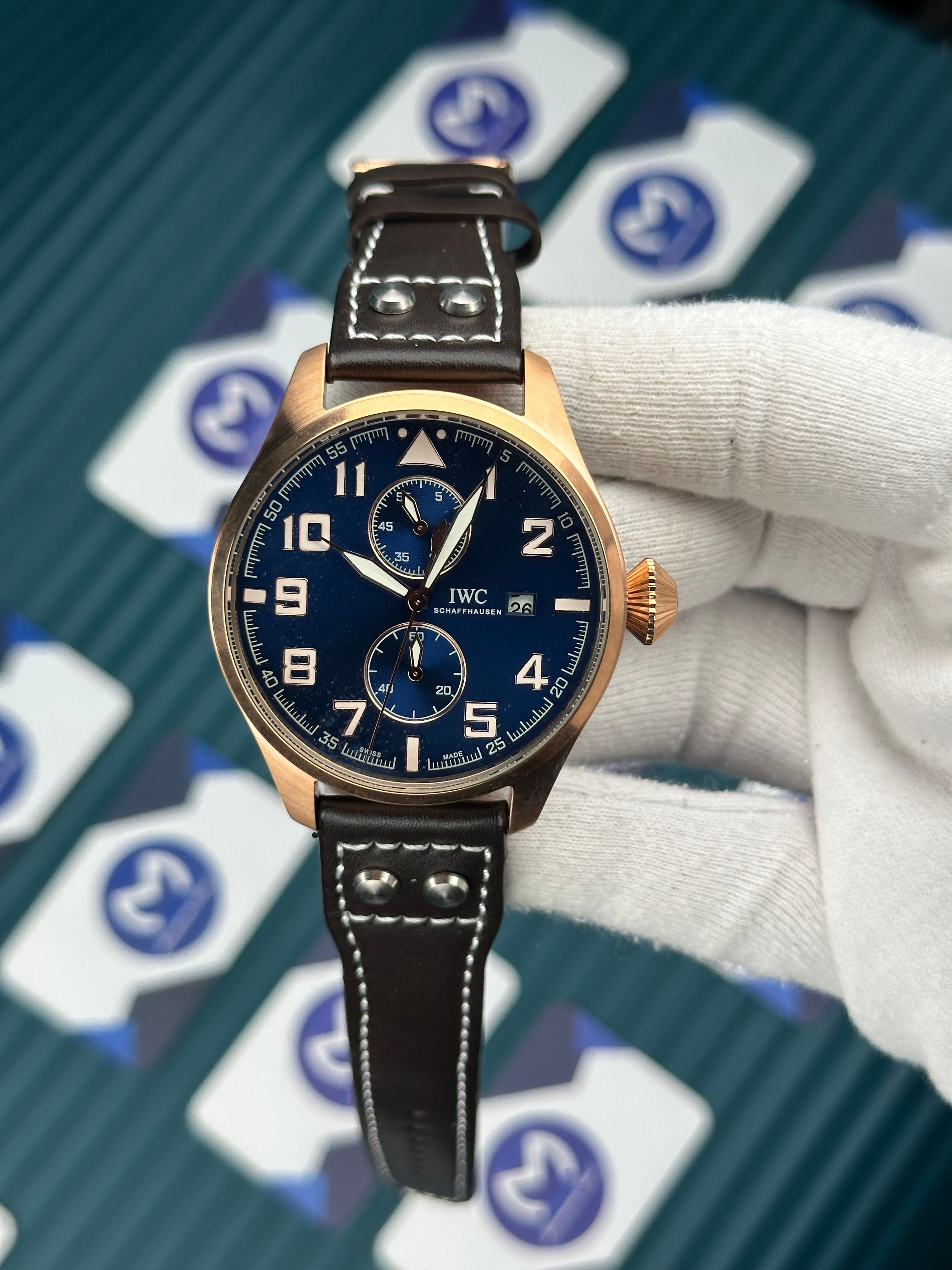 IWC Big Pilot Blue Dial Chronograph Rose Case Brown Cord