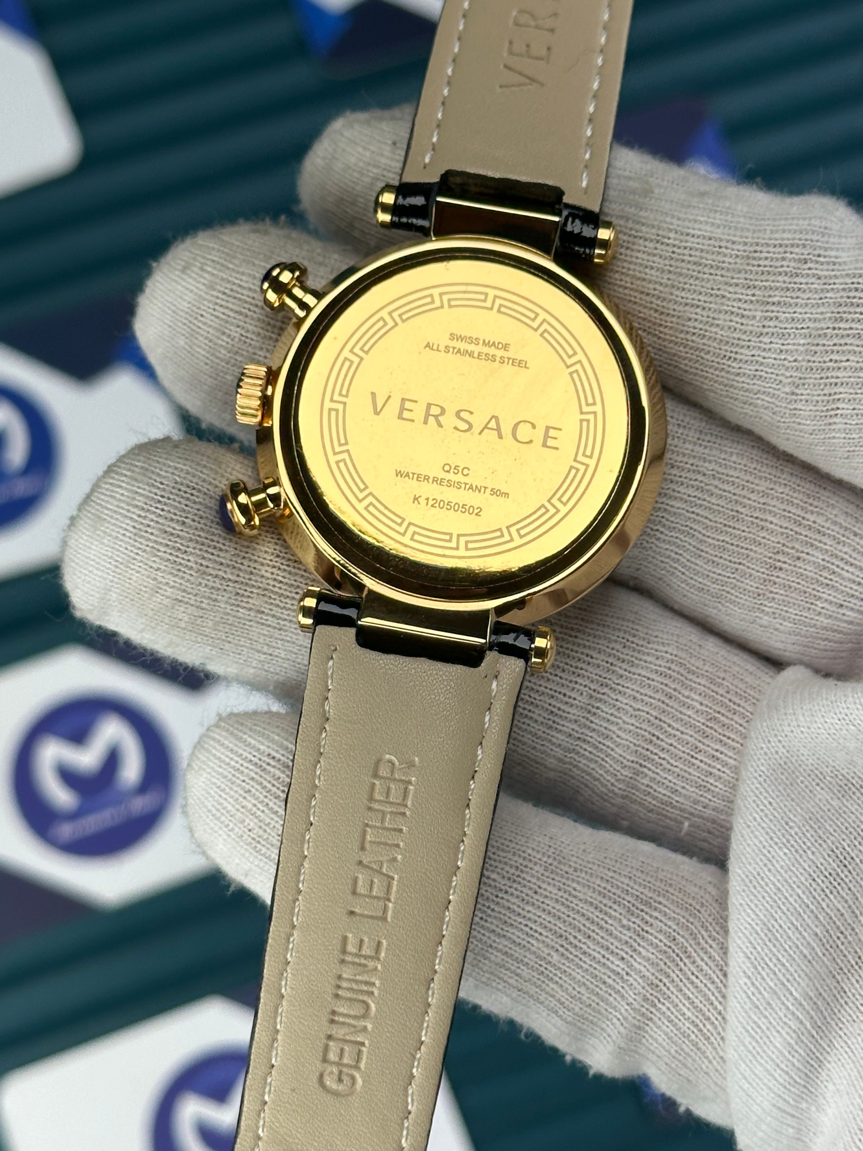 VERSACE 38 BLACK DIAL GOLD CASE DIAMOND BEZEL BLACK LEATHER CORD
