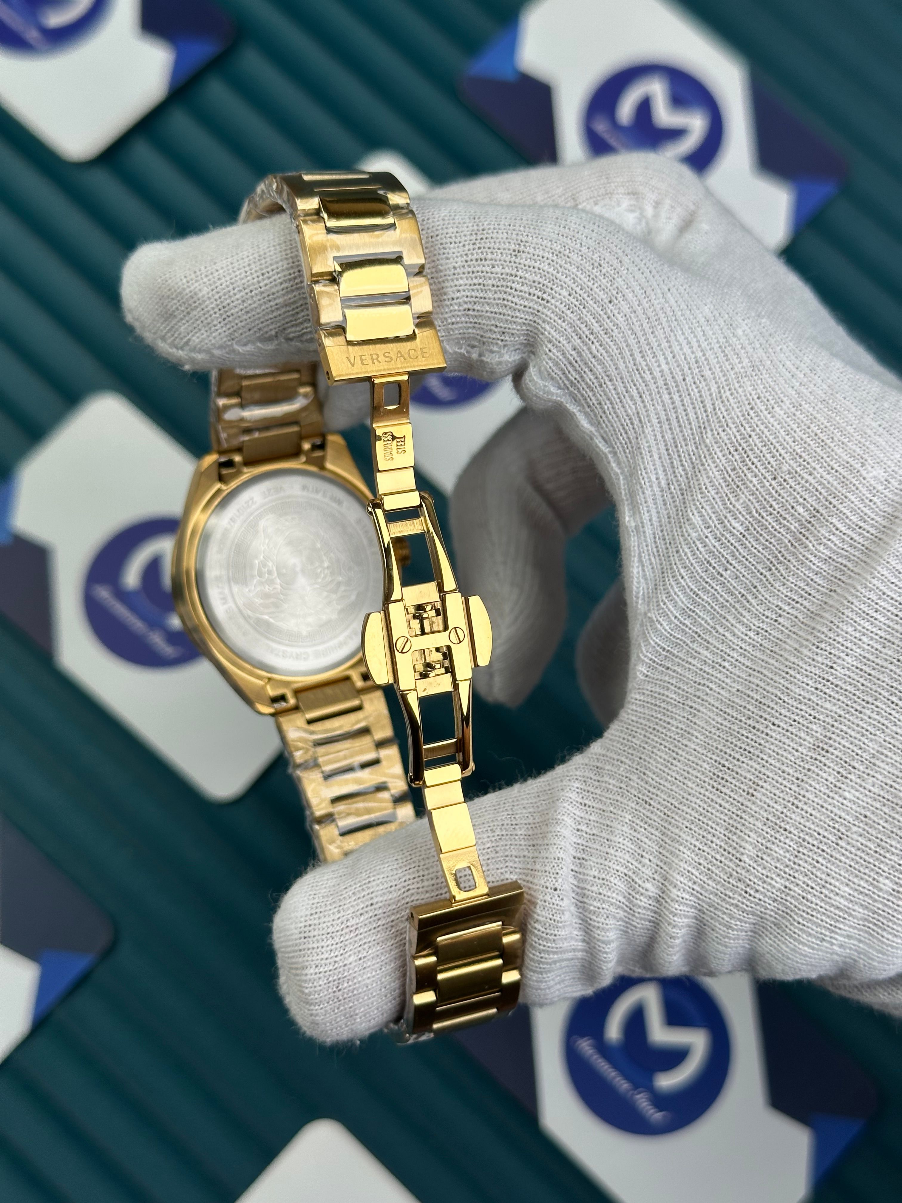 VERSACE 36 MOZAIK BLUE DIAL GOLD CORD 