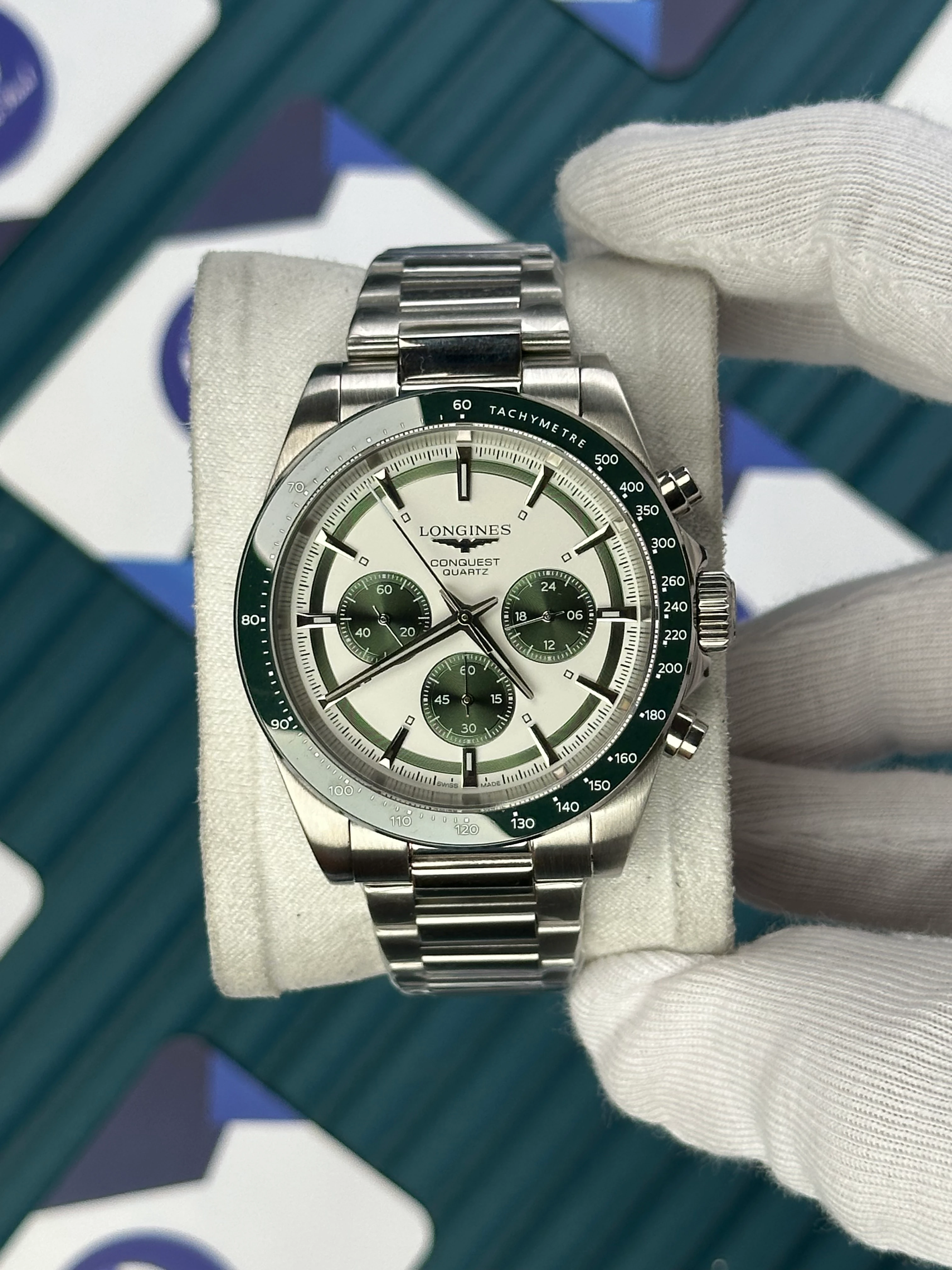 LONGINES CONQUEST CHRONOGRAPH AUTOMATIC WHITE DIAL GREEN BEZEL SILVER 