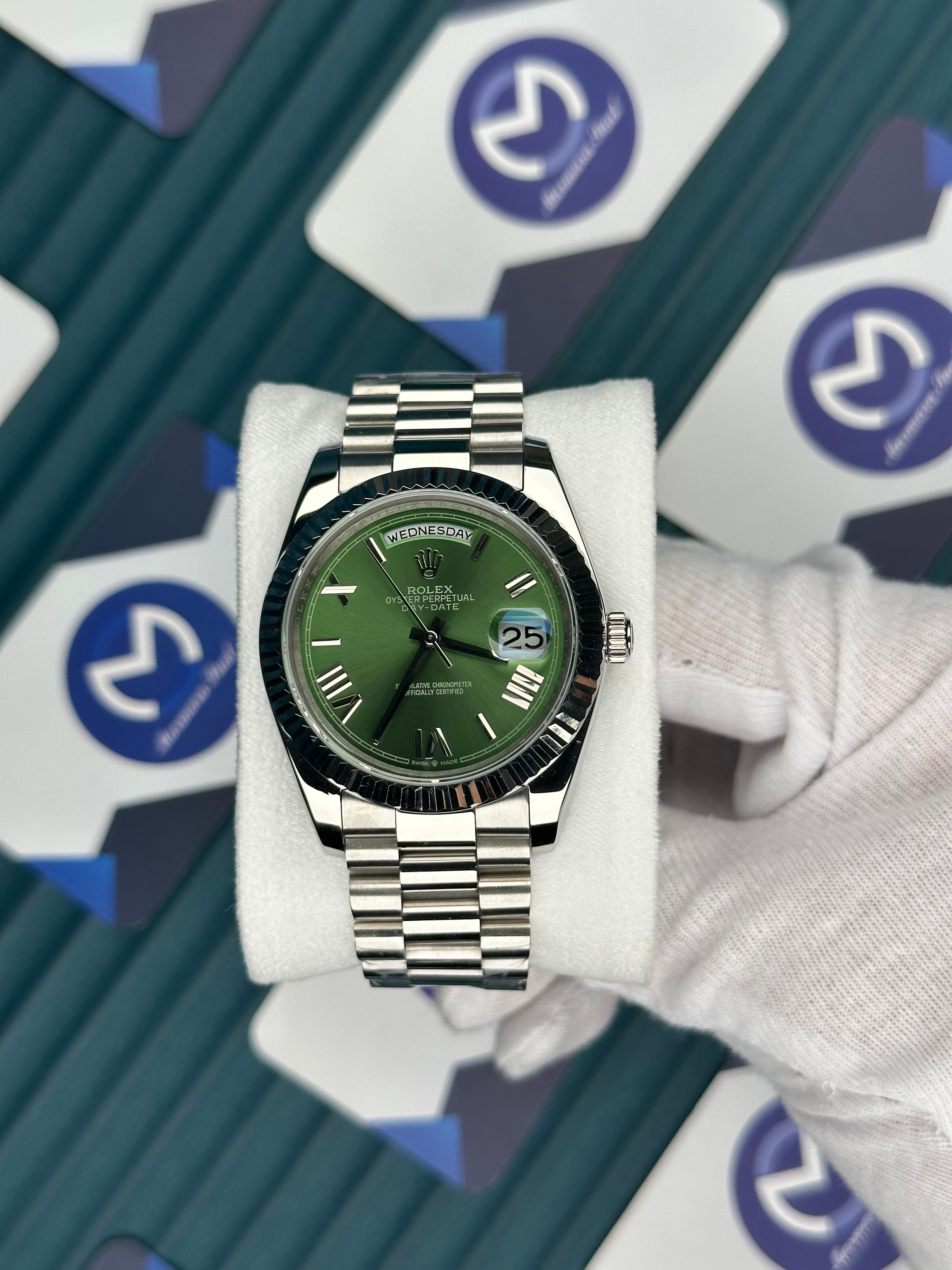 ROLEX DAY-DATE GREEN DIAL ROMA INDEX SILVER PRESIDENT