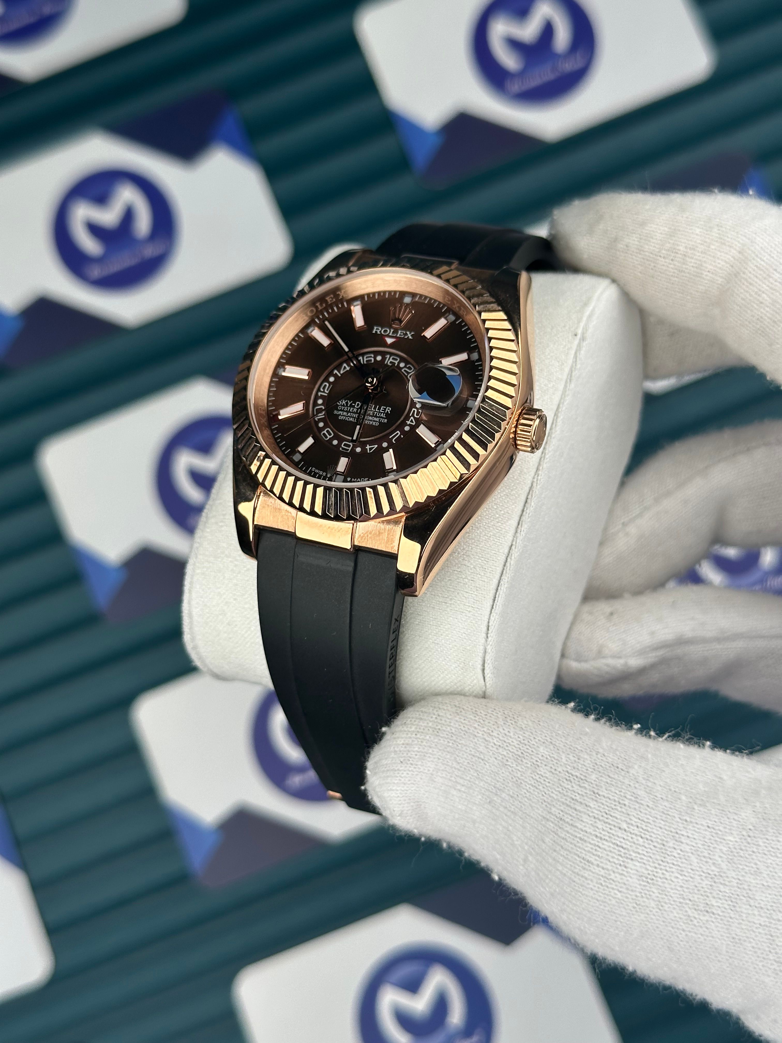 Rolex Sky Dweller Rose Gold Chocolate Oysterflex 