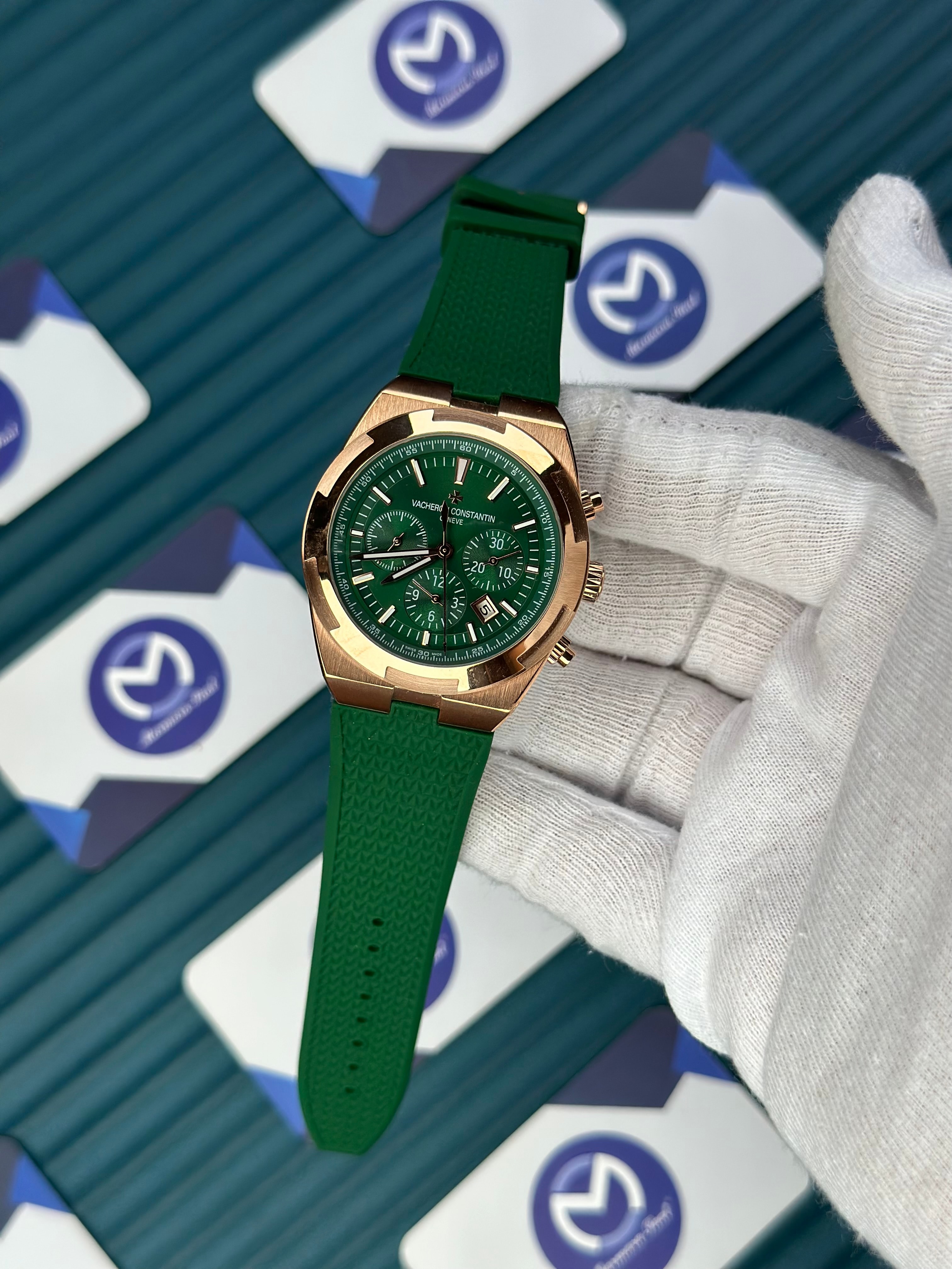 VACHERON CONSTANTIN GREEN DIAL ROSE CASE CHRONOGRAPH OVERSEAS GREEN RUBBER