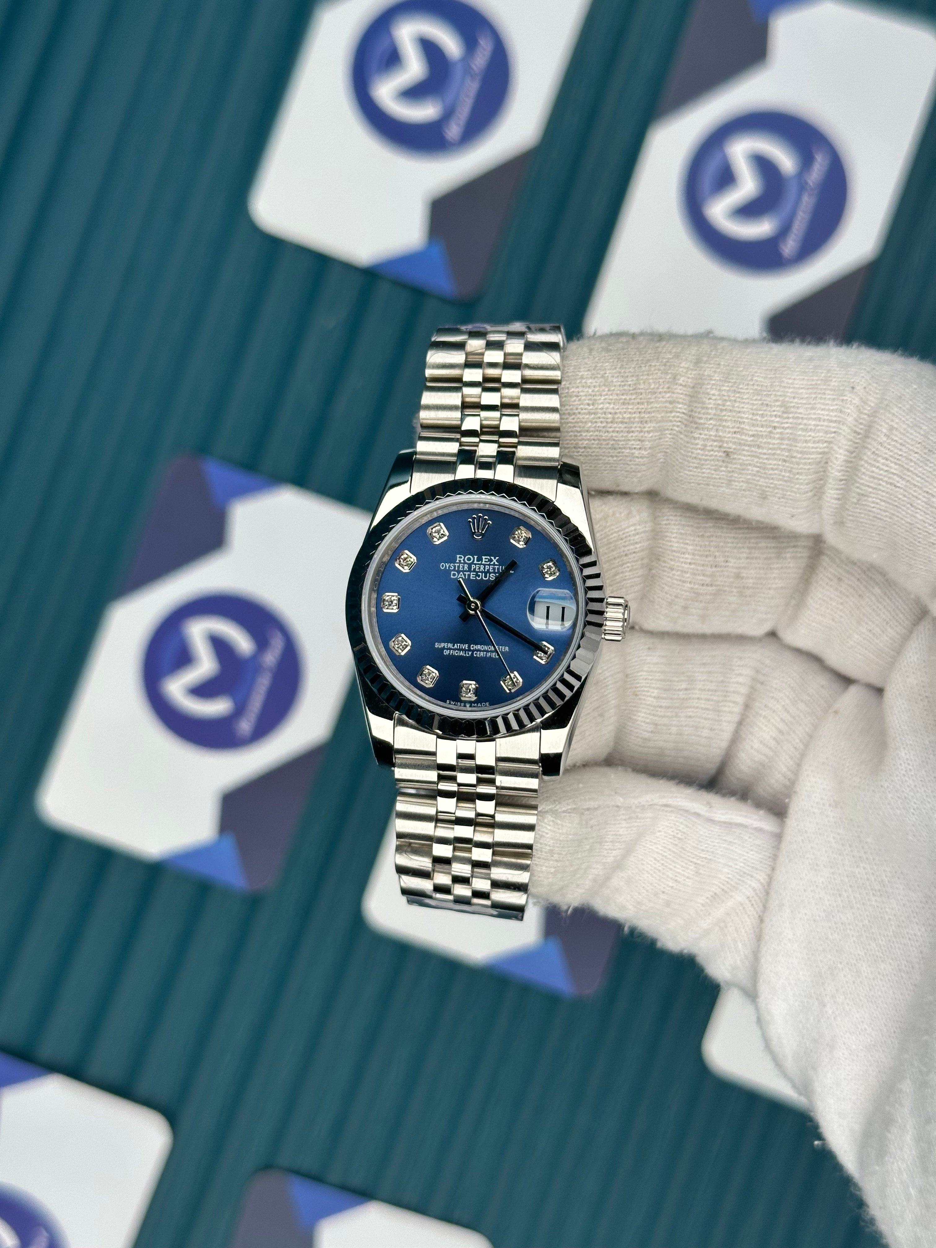ROLEX 31 BLUE DIAL DIAMOND INDEX SILVER JUBILEE