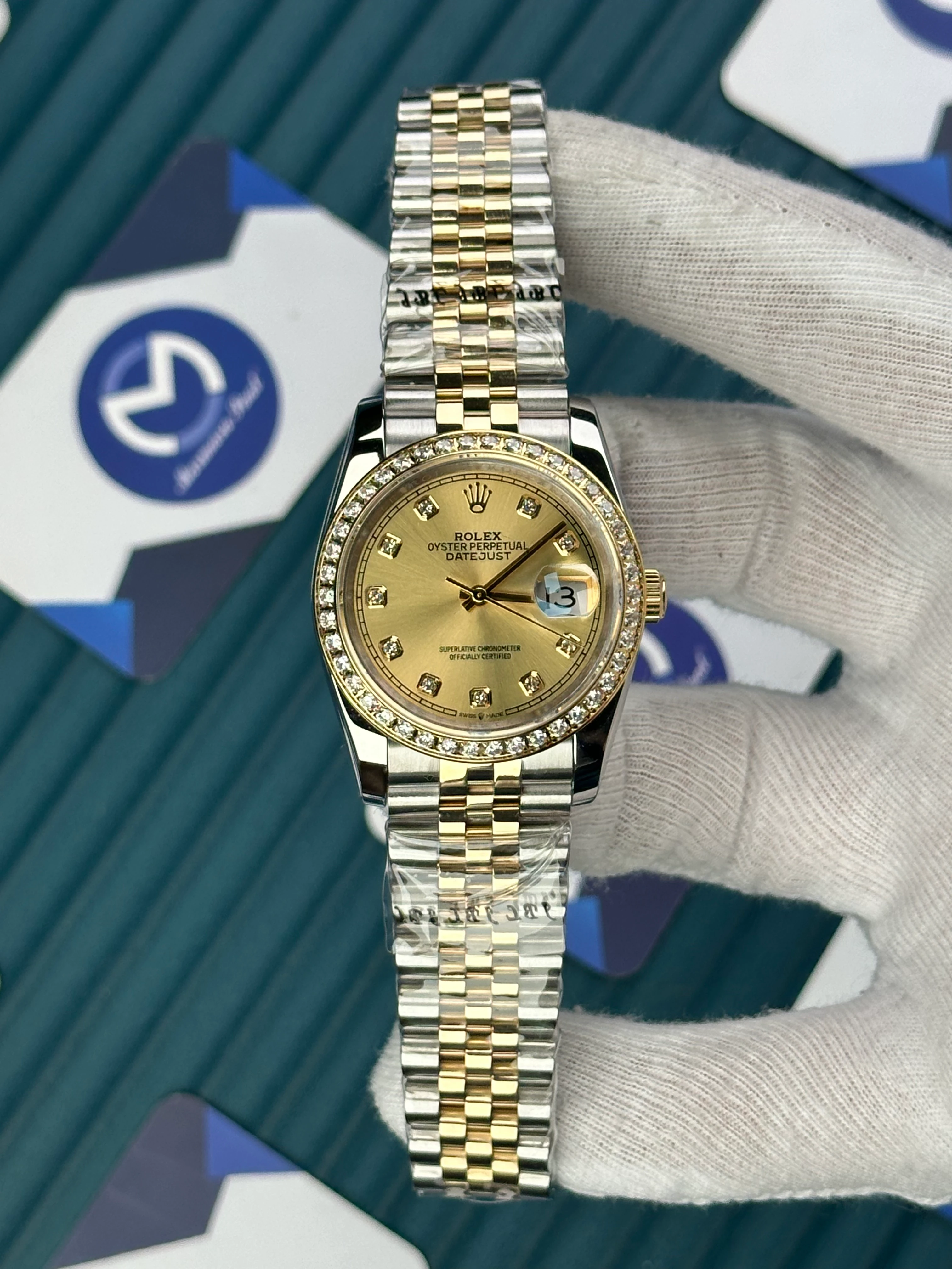 ROLEX 36 MM DATEJUST GOLD DIAL DIAMOND INDEX AND BEZEL GOLD-SILVER JUBILE 
