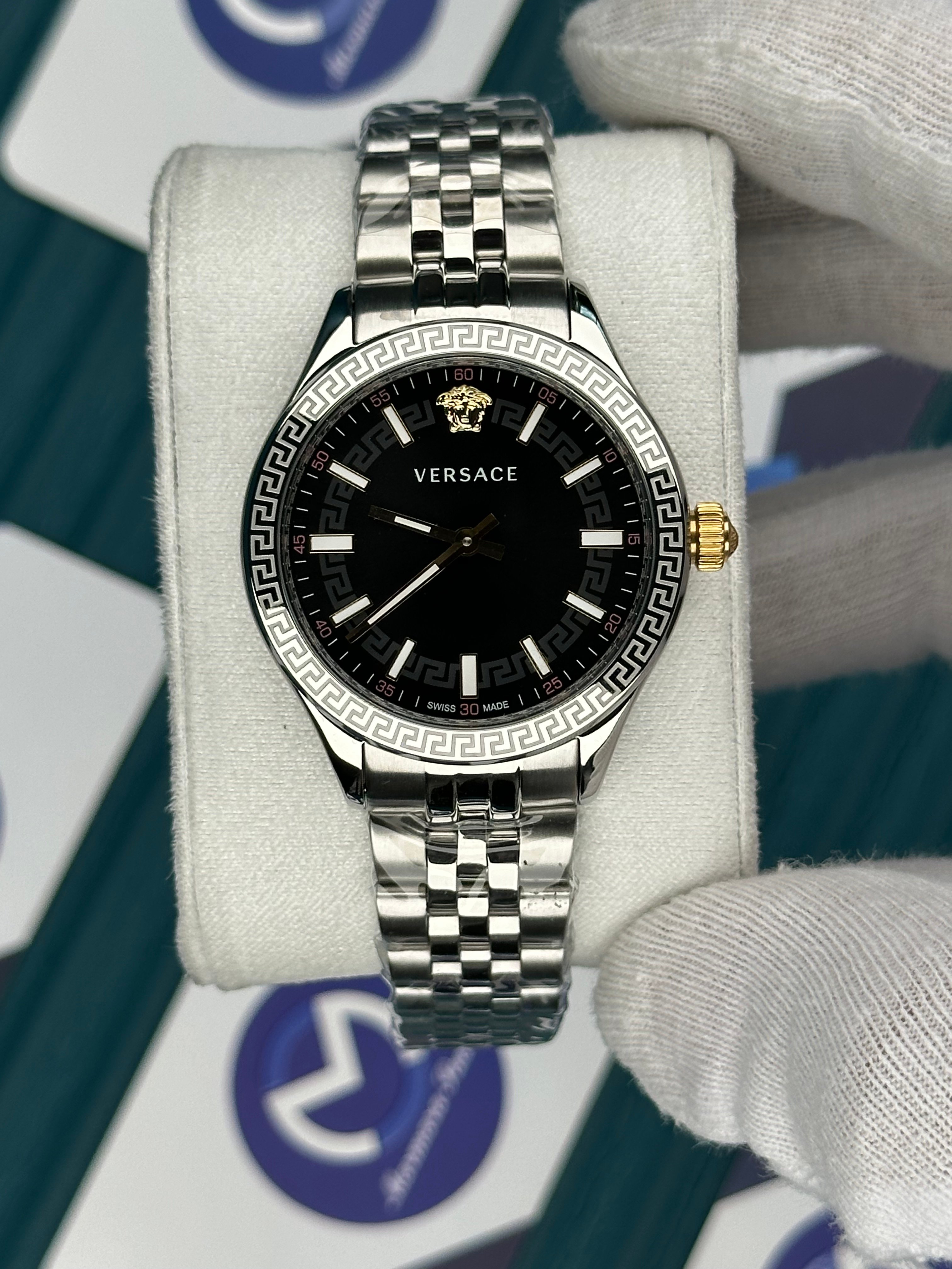 VERSACE 36 BLACK DIAL PATTERNED BEZEL SILVER JUBILE