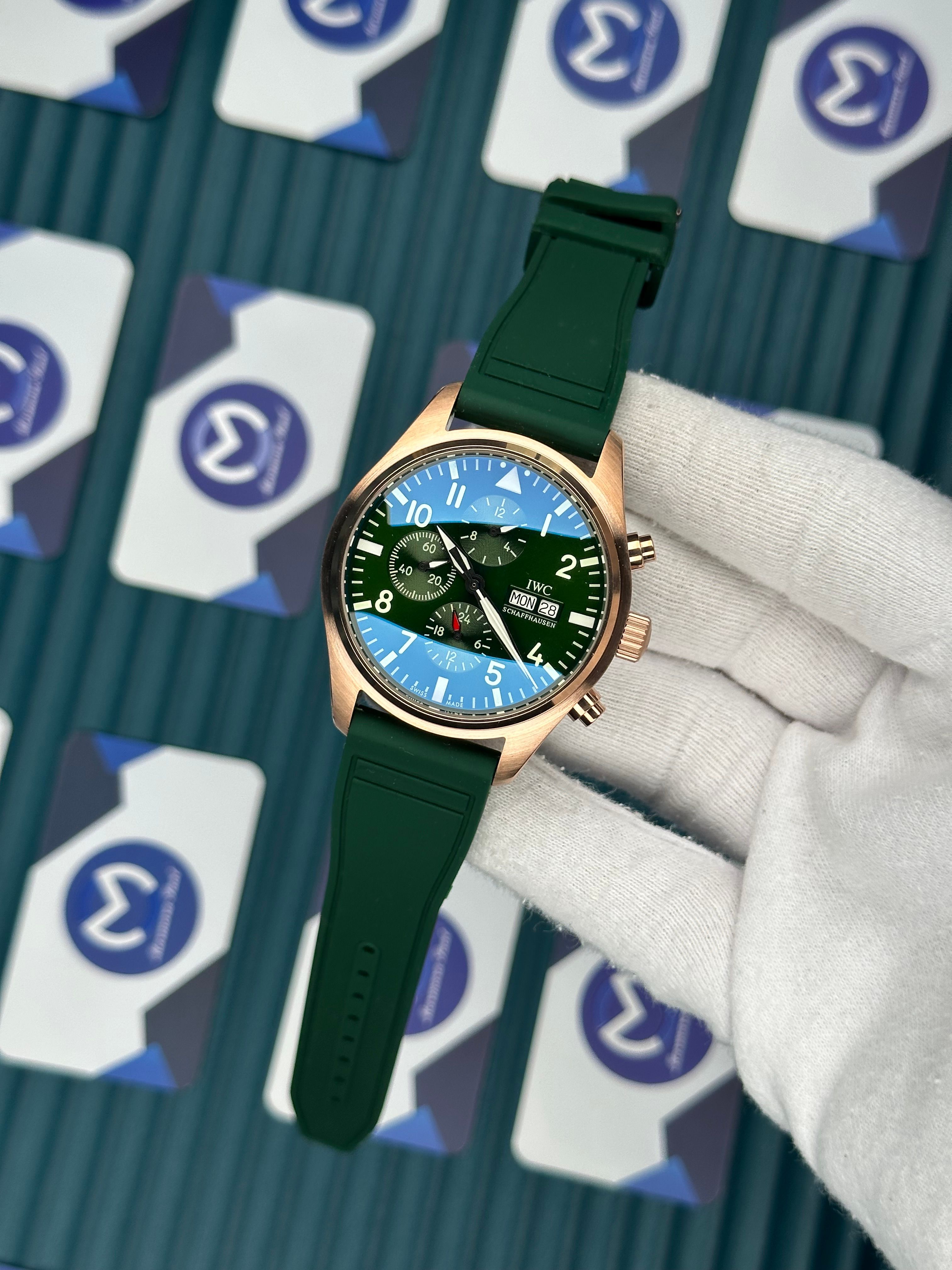 IWC Schaffhausen Green Cord Rose Case Chronograph Automatic