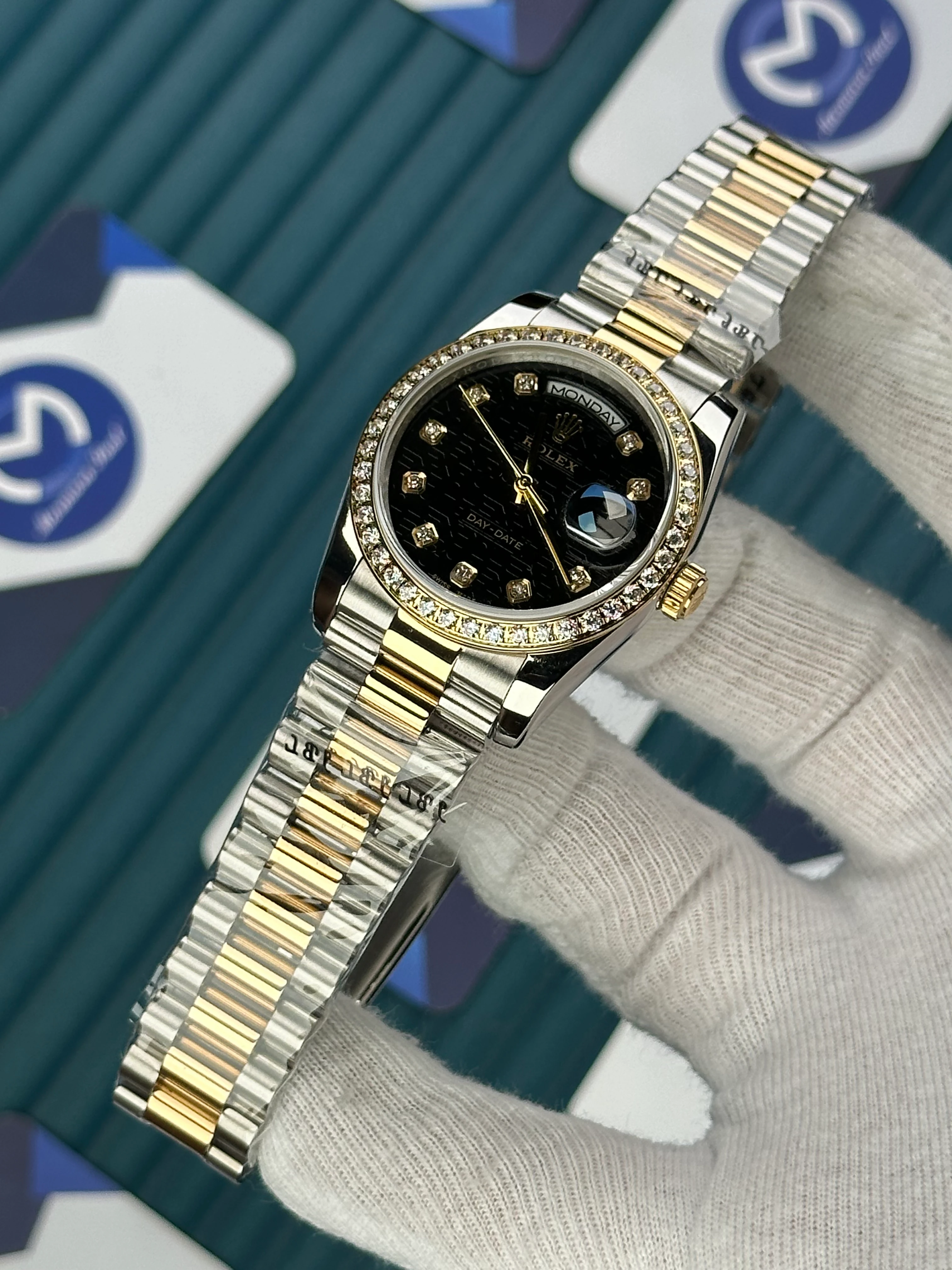 ROLEX 36 MM DAY-DATE BLACK PATTERNED DIAL DIAMOND INDEX AND BEZEL GOLD-SILVER PREIDENT 
