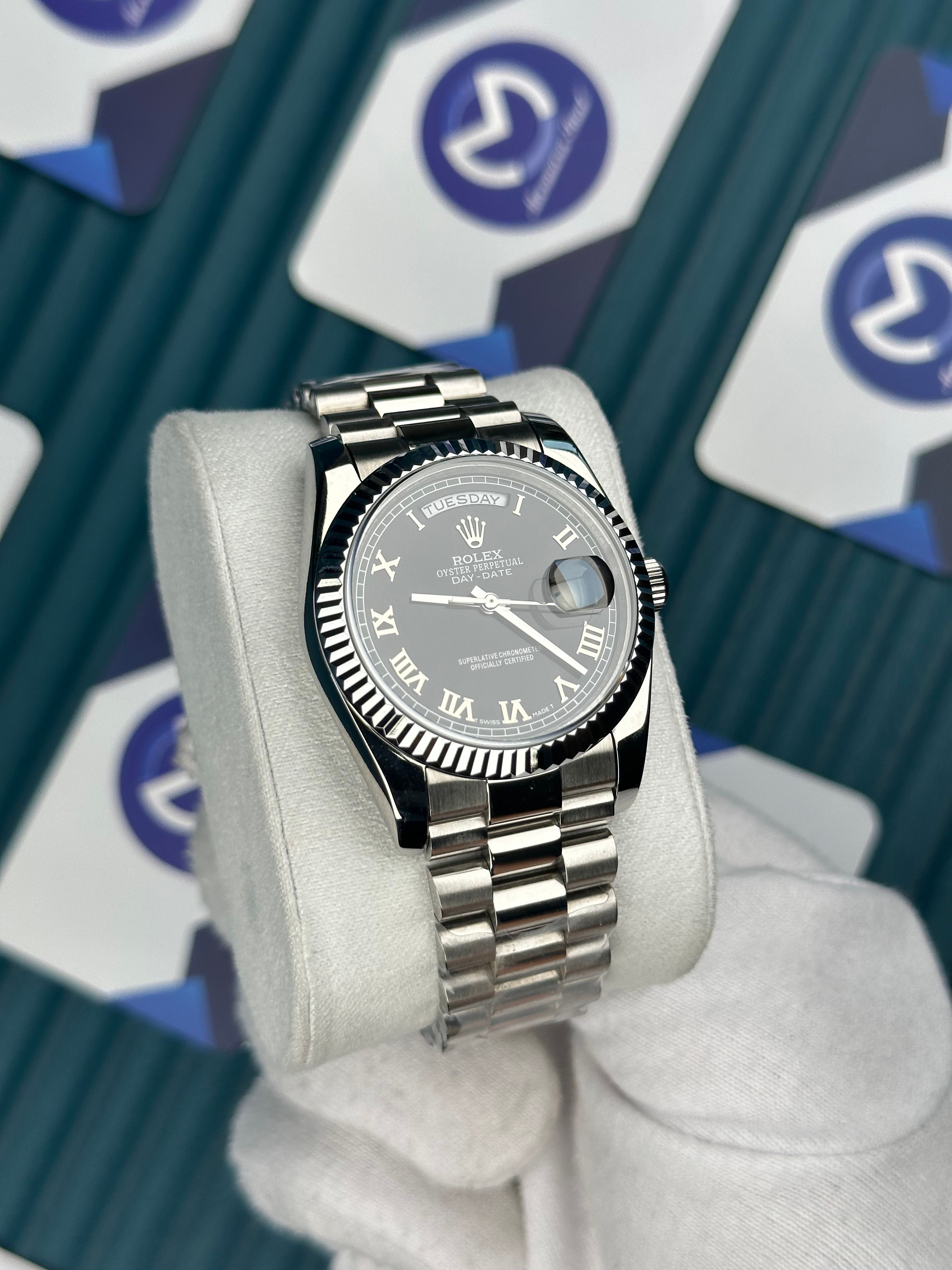 ROLEX 36 DAYDATE BLACK ROMA DIAL SILVER PRESIDENT