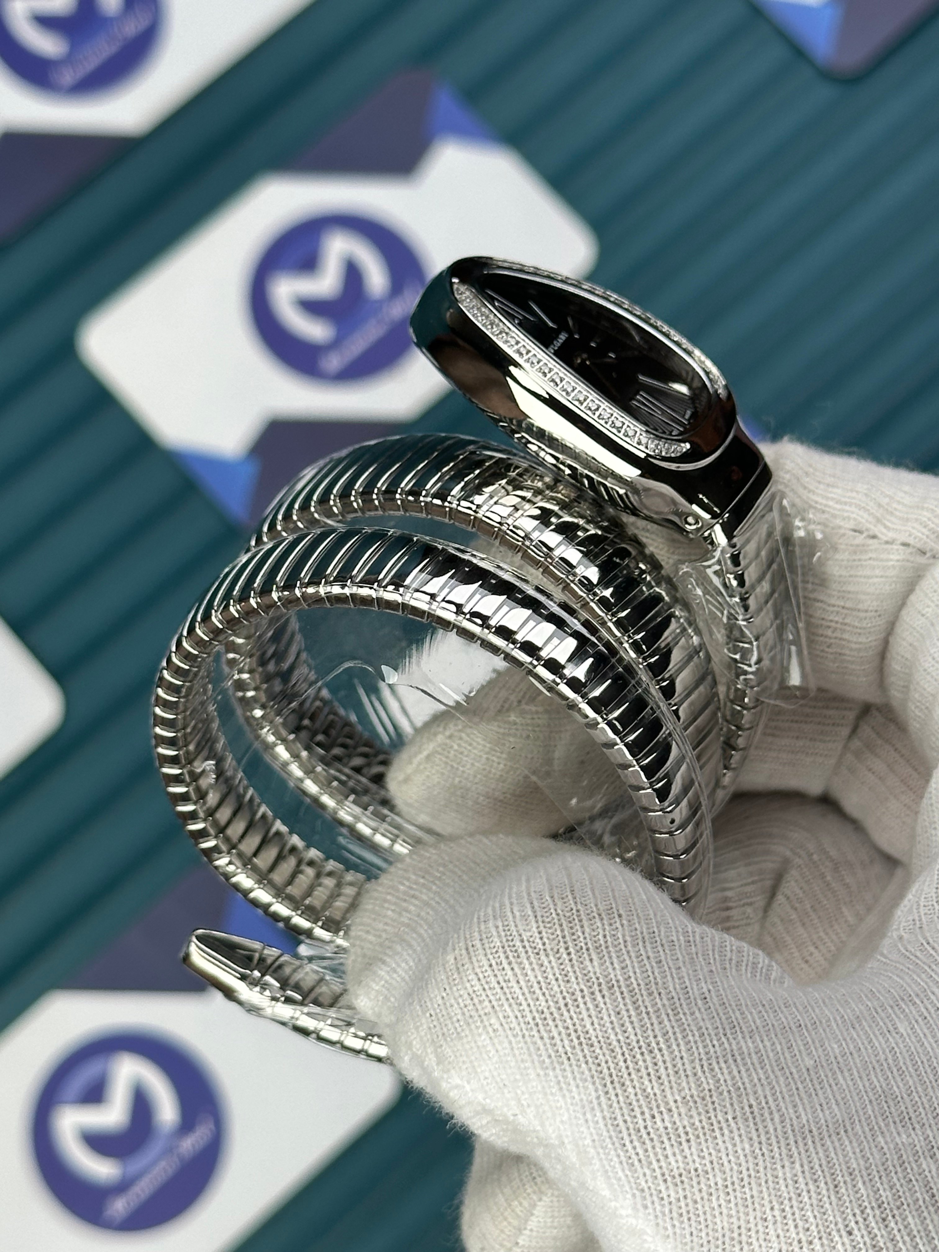 BVLGARI SERPENTI BLACK DIAL DIAMOND BEZEL SILVER LONG TUBOGAS