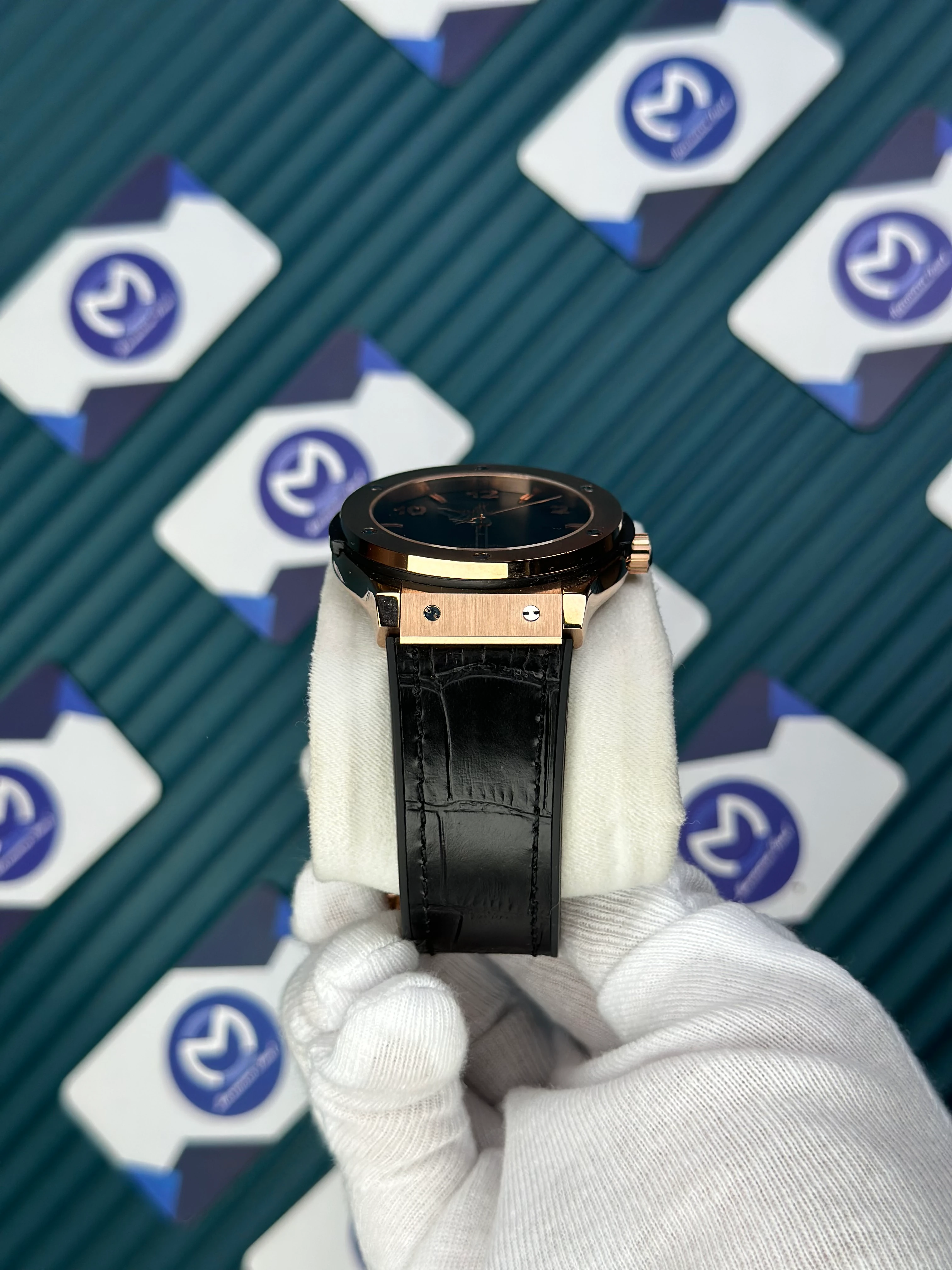 HUBLOT GENEVE AUTOMATIC VENDOME BLACK DIAL ROSE CASE BLACK LEATHER CORD 