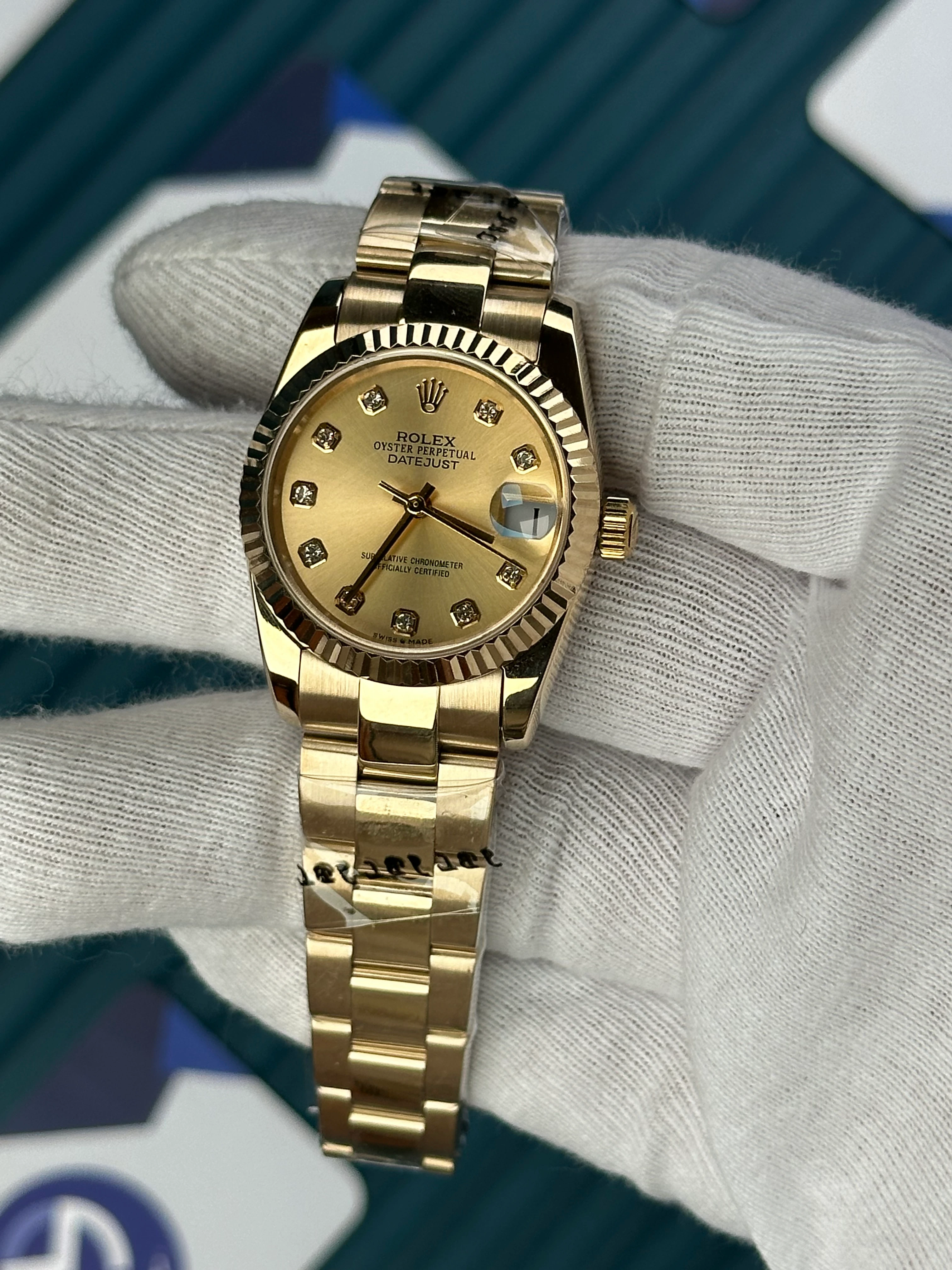ROLEX 31 MM DATEJUST GOLD DIAL DIAMOND INDEX GOLD OYSTER 