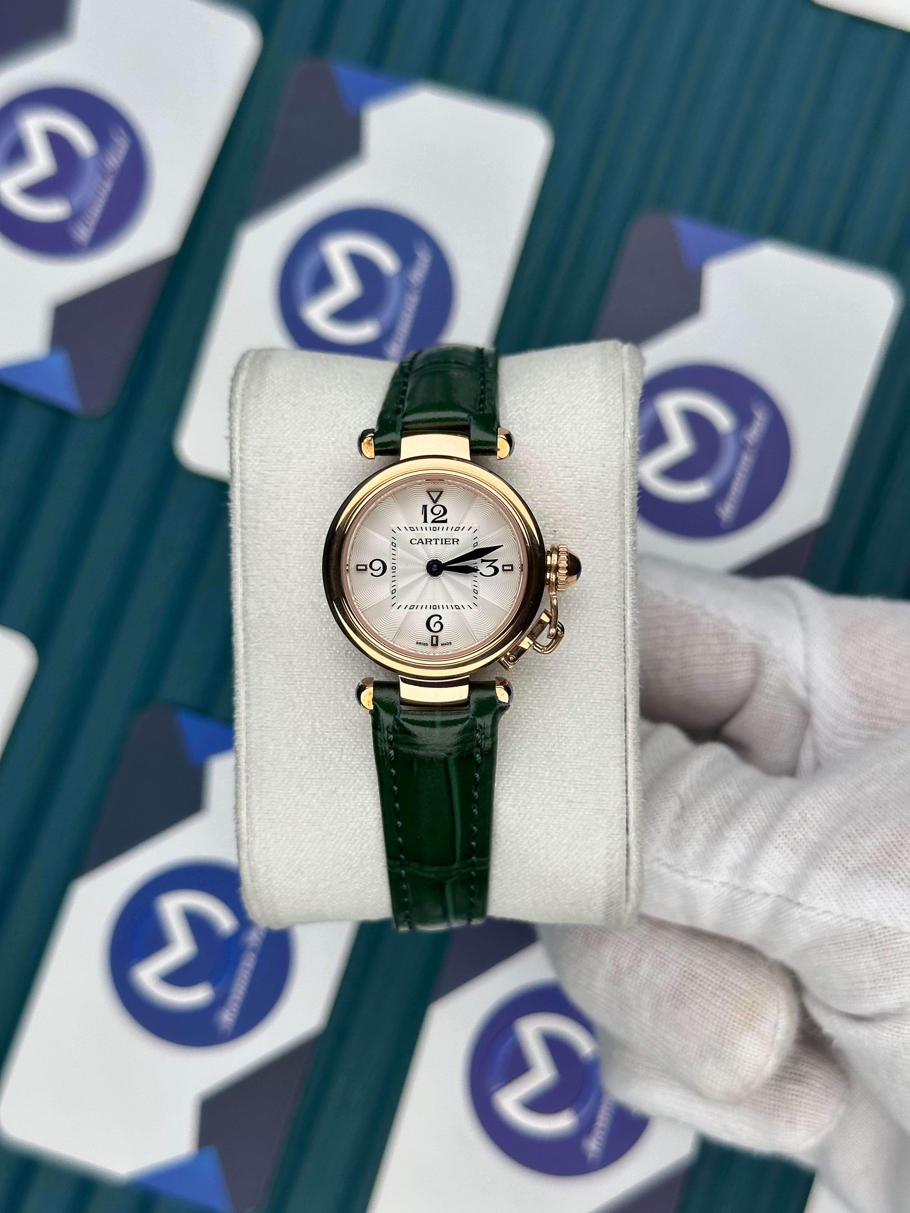 CARTIER PASHA DE CARTIER WHITE DIAL ROSE CASE GREEN LEATHER CORD