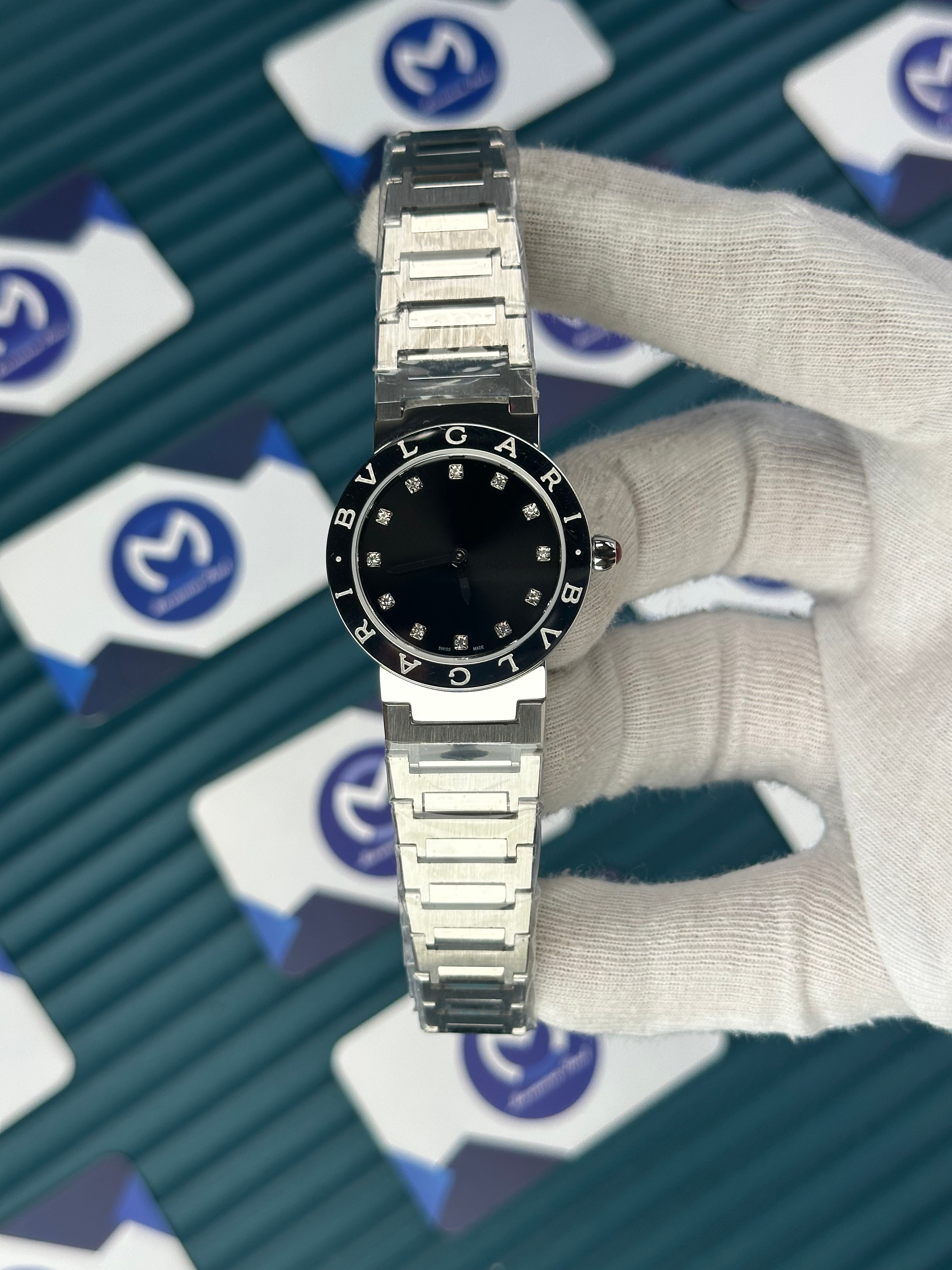 BVLGARI BLACK DIAL SILVER BEZEL DIAMOND INDEX SILVER CORD