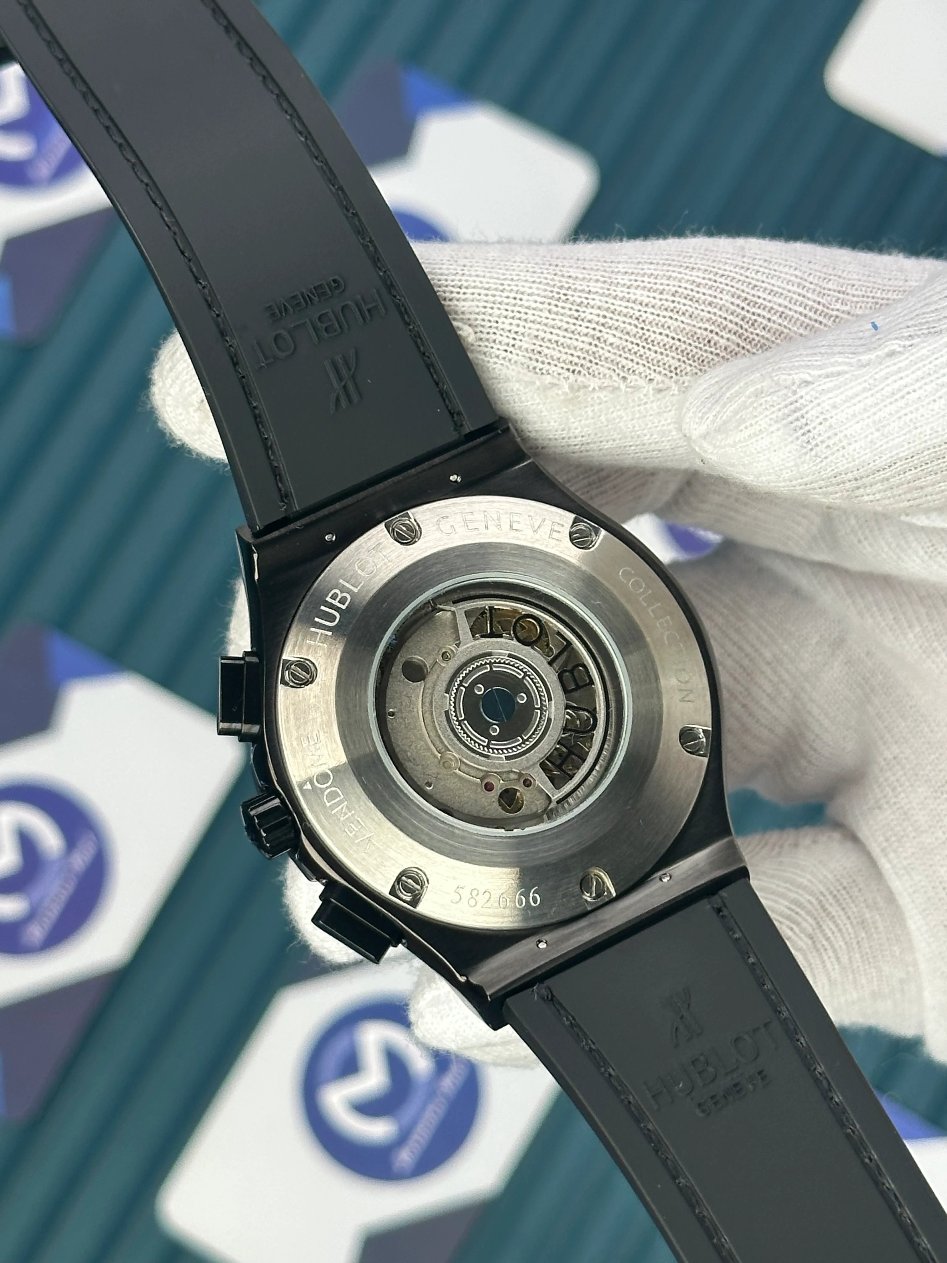 HUBLOT AUTOMATIC BLACK EDITION SILVER CASE SKELETON LEATHER BLACK CORD 