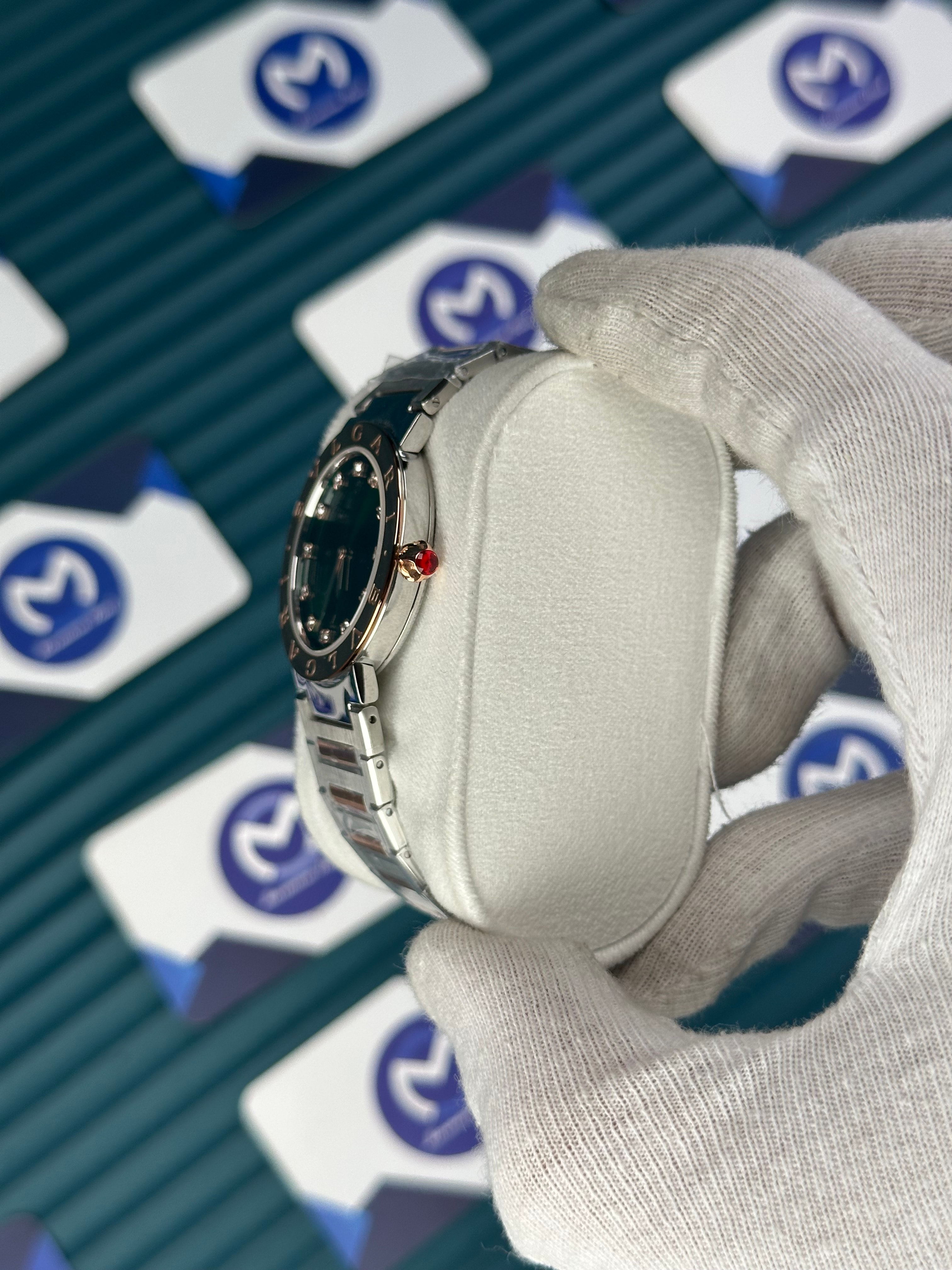 BVLGARI GREEN DIAL GOLD BEZEL DIAMOND INDEX GOLD-SILVER CORD