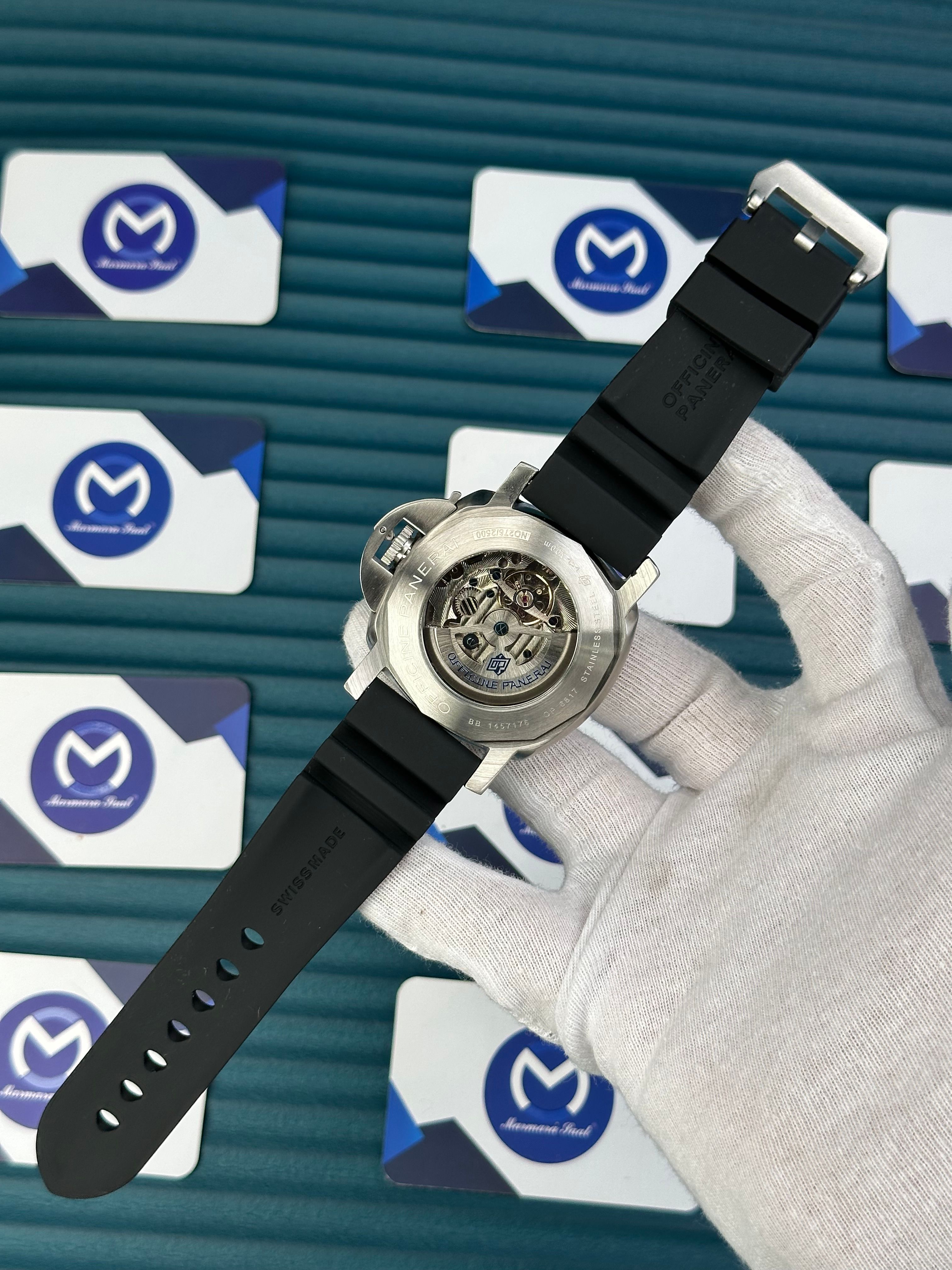 LUMINOR SUBMERSIBLE GMT SILVER CASE BLUE DIAL BLACK RUBBER