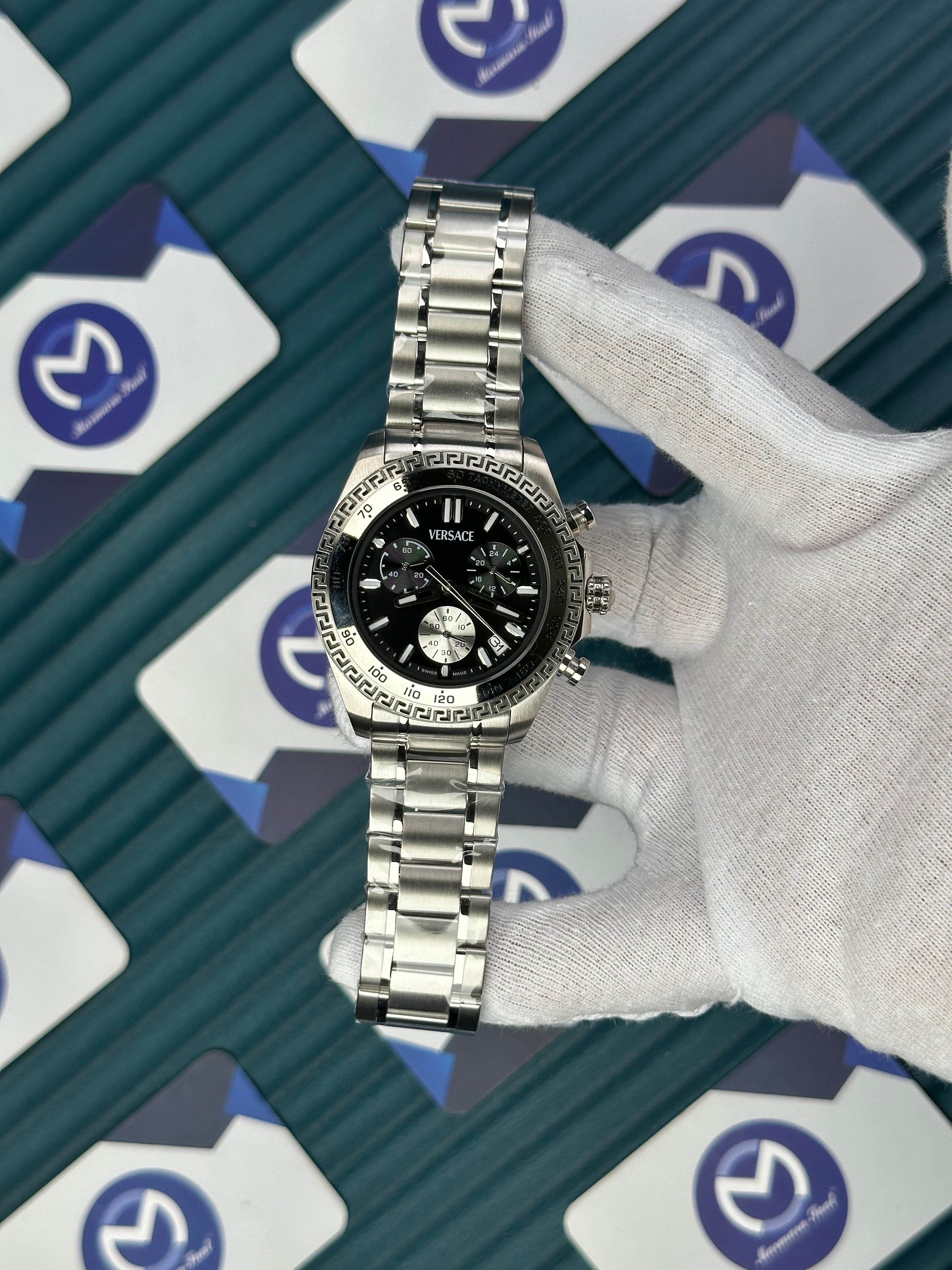 VERSACE BLACK DIAL CHRONOMOMETER SILVER BEZEL AND CORD NEW SEASON