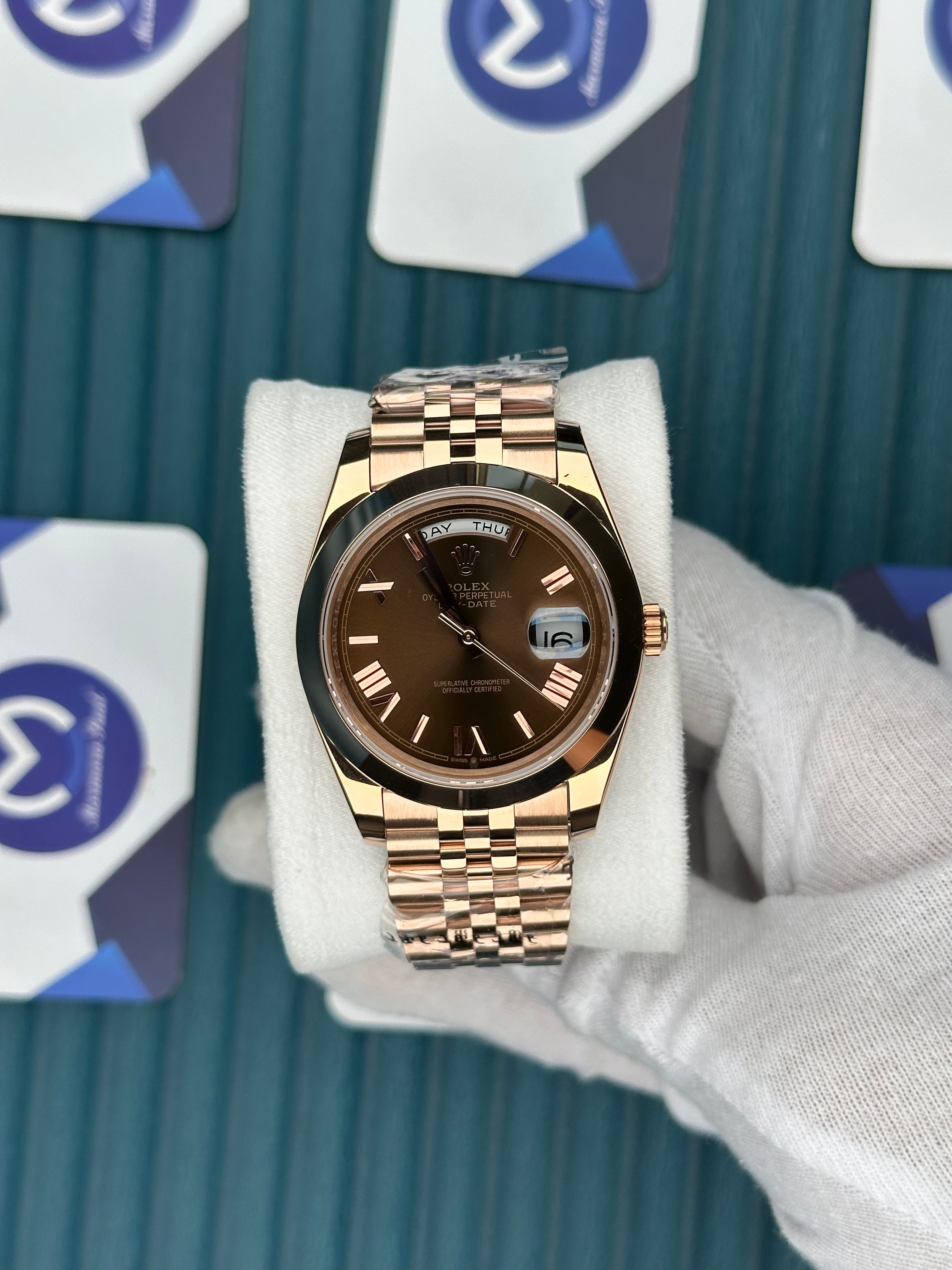 ROLEX DAY-DATE CHOCOLATE DIAL ROSE ROMA INDEX ROSE JUBILE