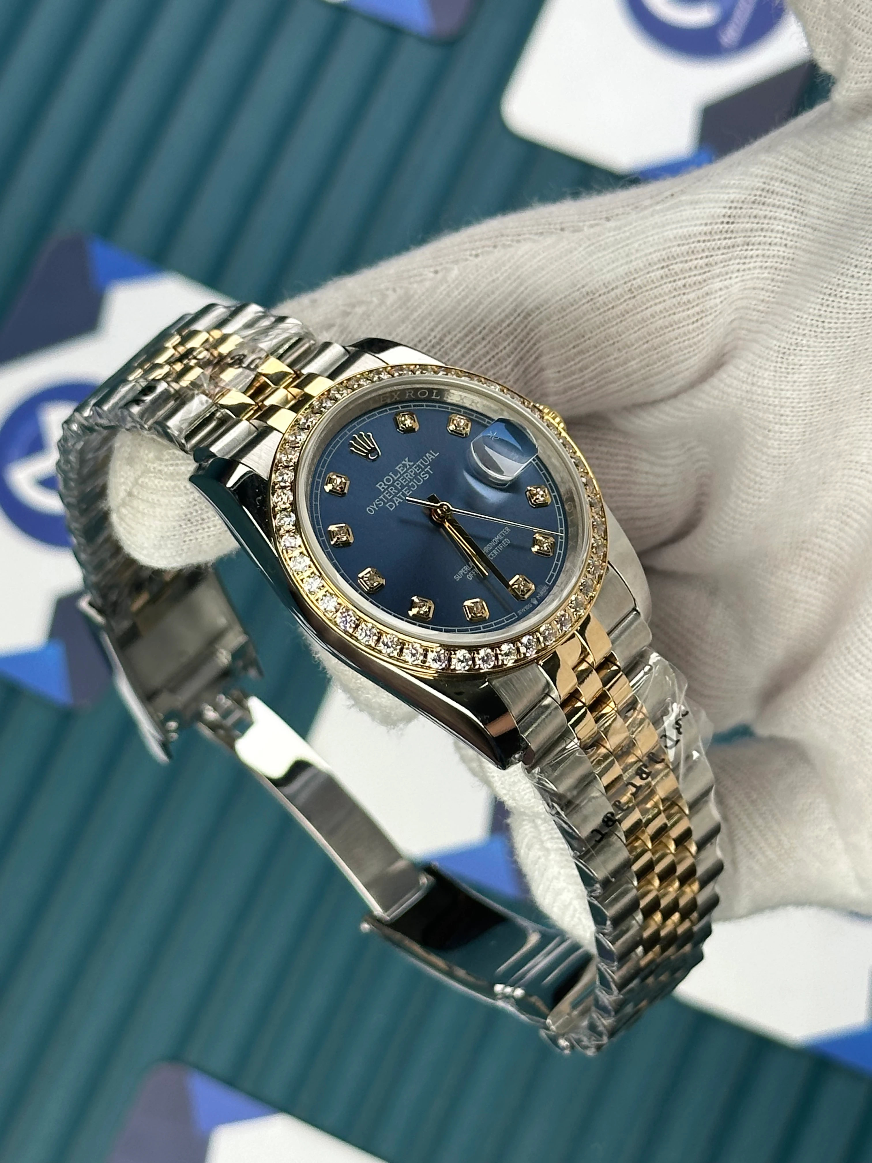ROLEX 36 MM DATEJUST BLUE DIAL DIAMOND INDEX AND BEZEL GOLD-SILVER JUBILE 
