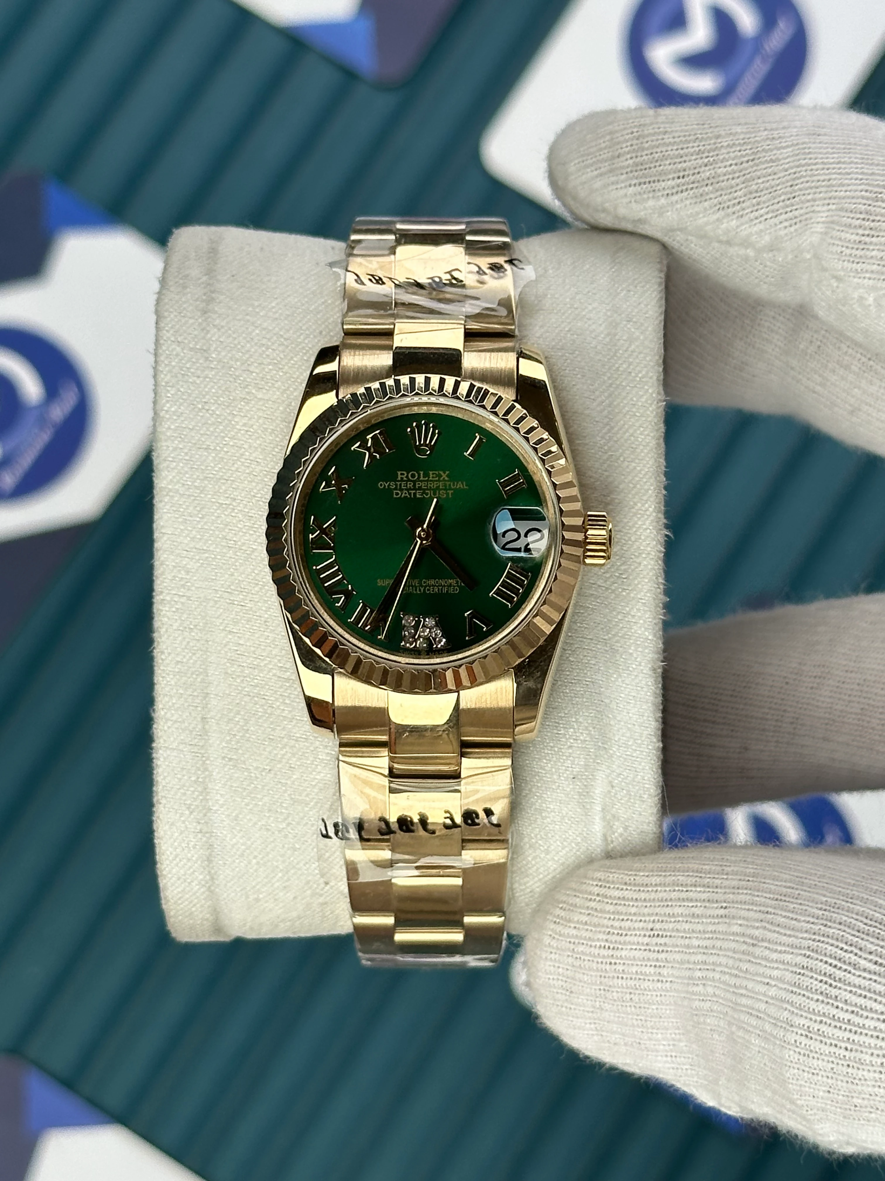ROLEX 31 MM DATEJUST GREEN DIAL ROMA INDEX GOLD OYSTER 
