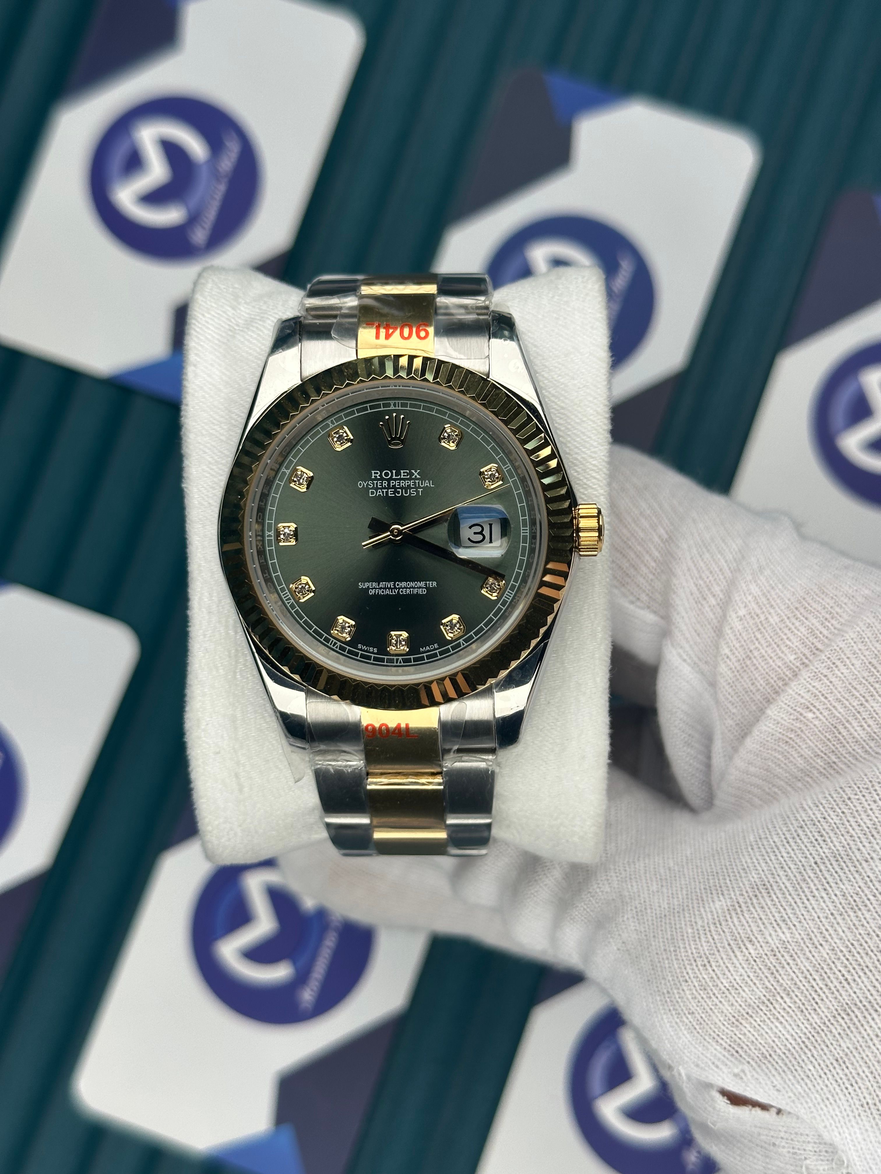 ROLEX DATEJUST GREEN DIAL DIAMOND INDEX GOLD-SILVER OYSTER