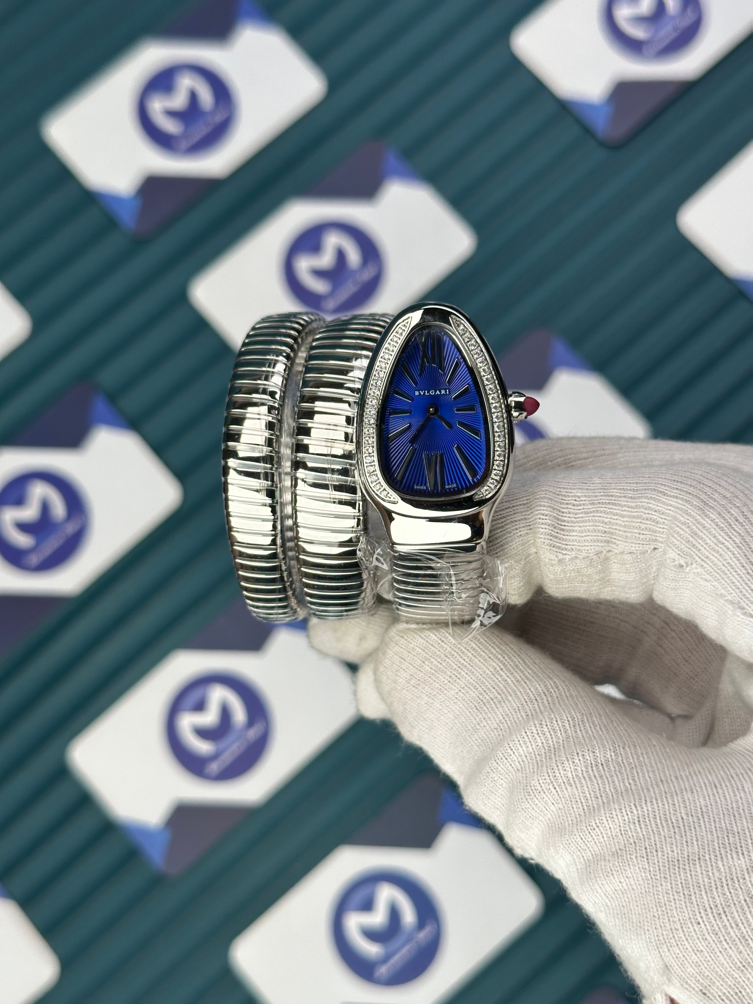 BVLGARI SERPENTI BLUE DIAL DIAMOND BEZEL SILVER LONG TUBOGAS