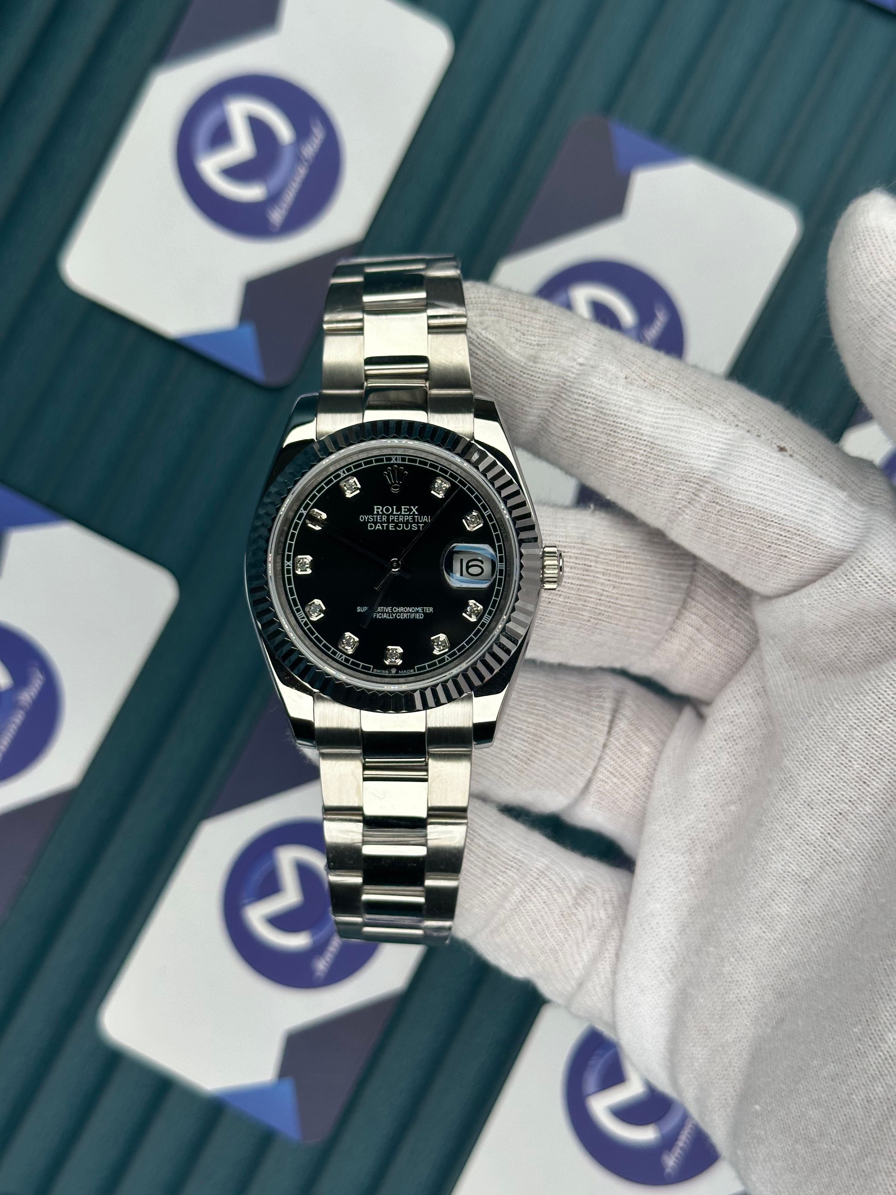 ROLEX DATEJUST BLACK DIAL DIAMOND INDEX SILVER OYSTER