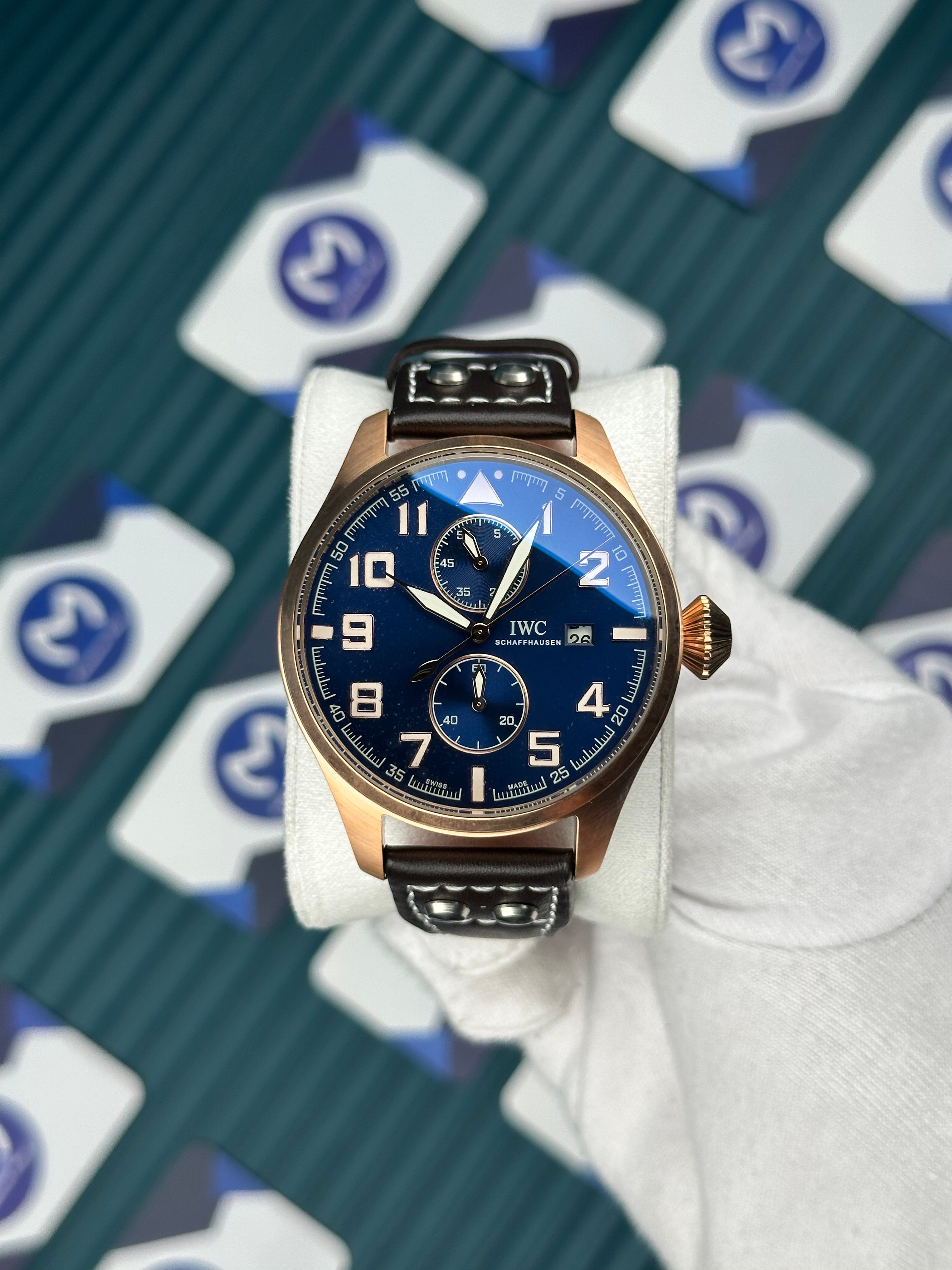 IWC Big Pilot Blue Dial Chronograph Rose Case Brown Cord
