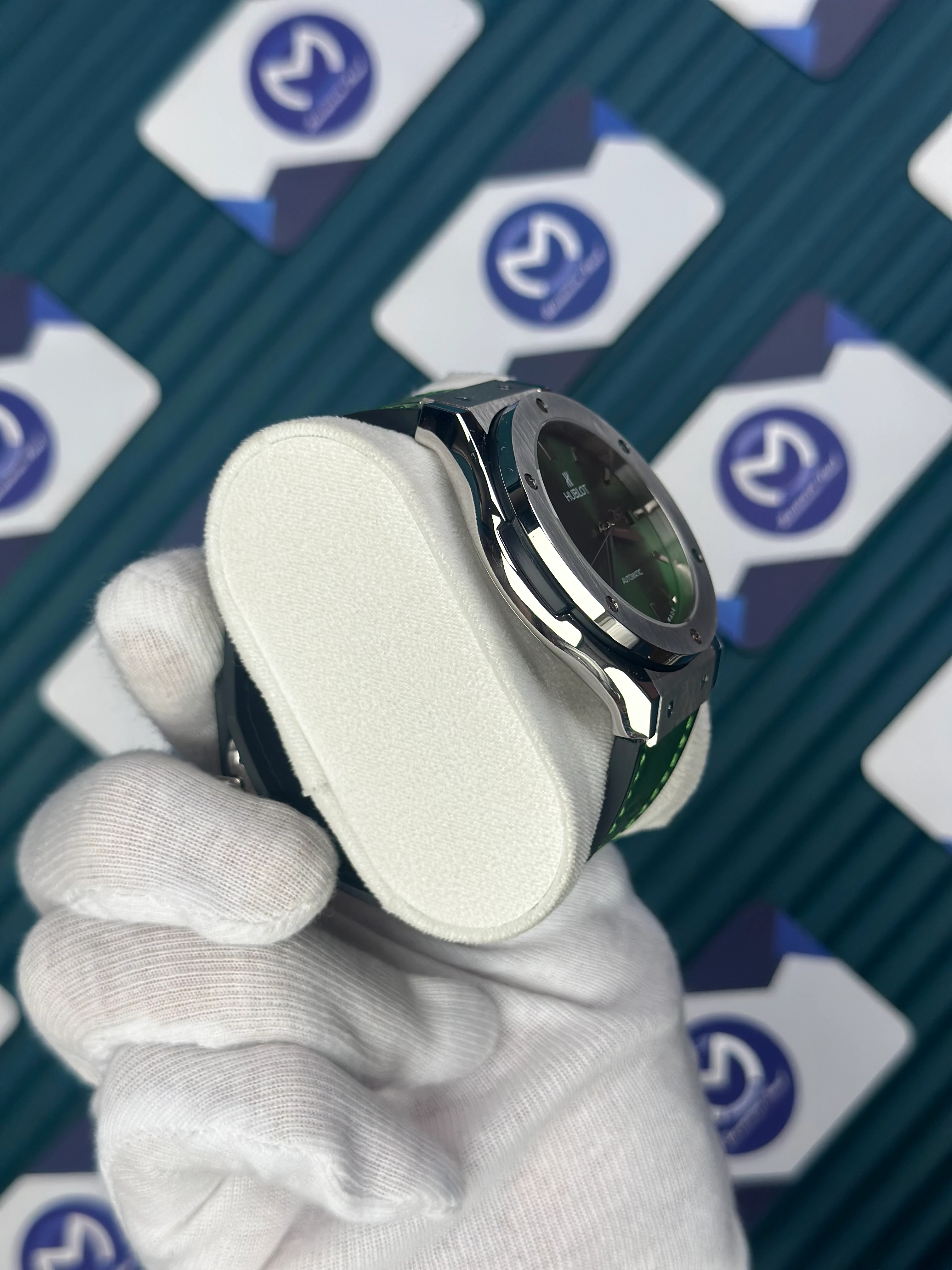 HUBLOT GENEVE AUTOMATIC GREEN DIAL GREY CASE GREEN LEATHER CORD 