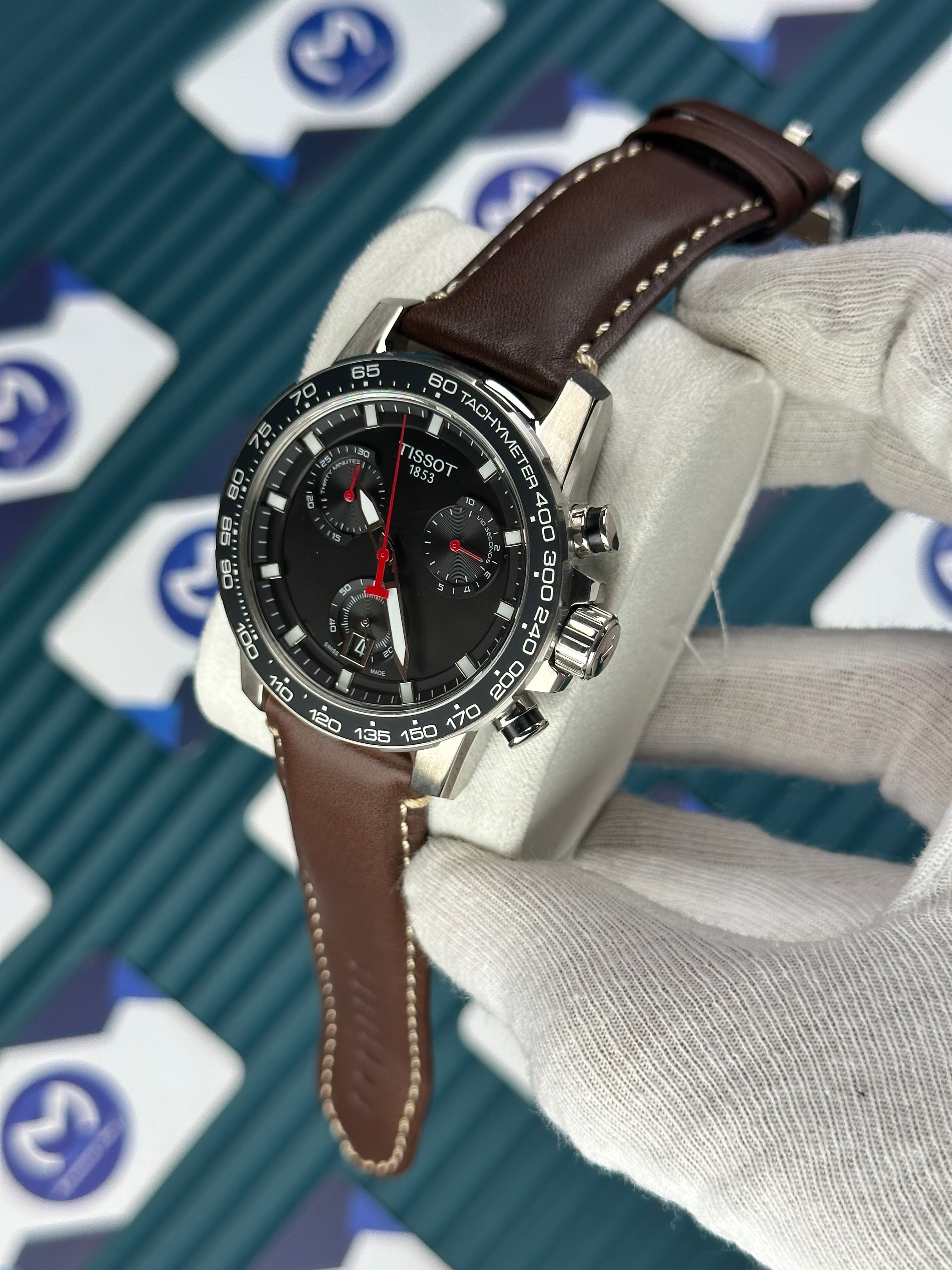 TISSOT SUPERSPORT CHRONO BLACK DIAL BROWN LEATHER CORD