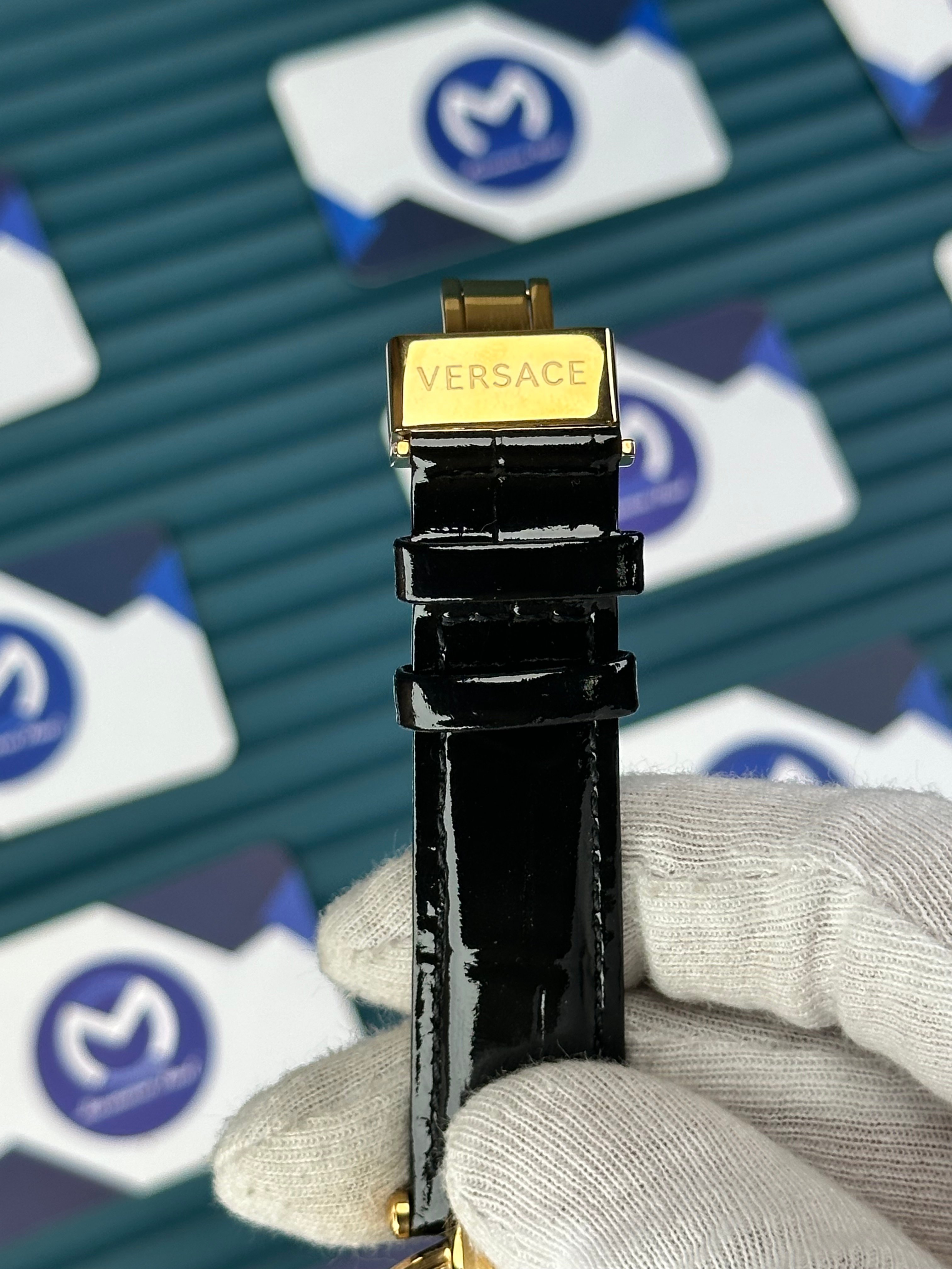 VERSACE 38 BLACK DIAL GOLD CASE DIAMOND BEZEL BLACK LEATHER CORD