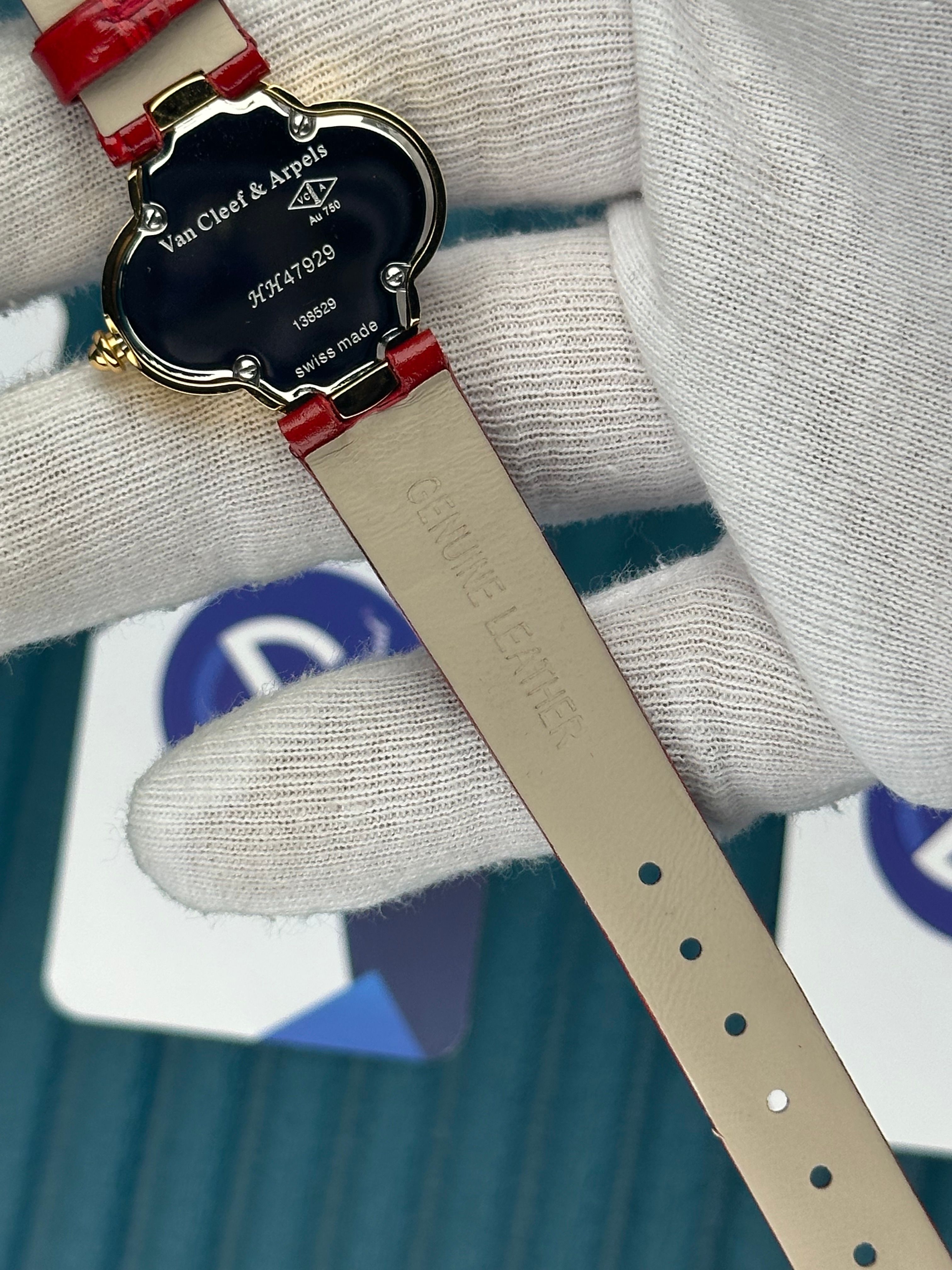 VAN CLEEF & ARPELS WHITE DIAL DIAMOND BEZEL GOLD CASE RED LEATHER CORD