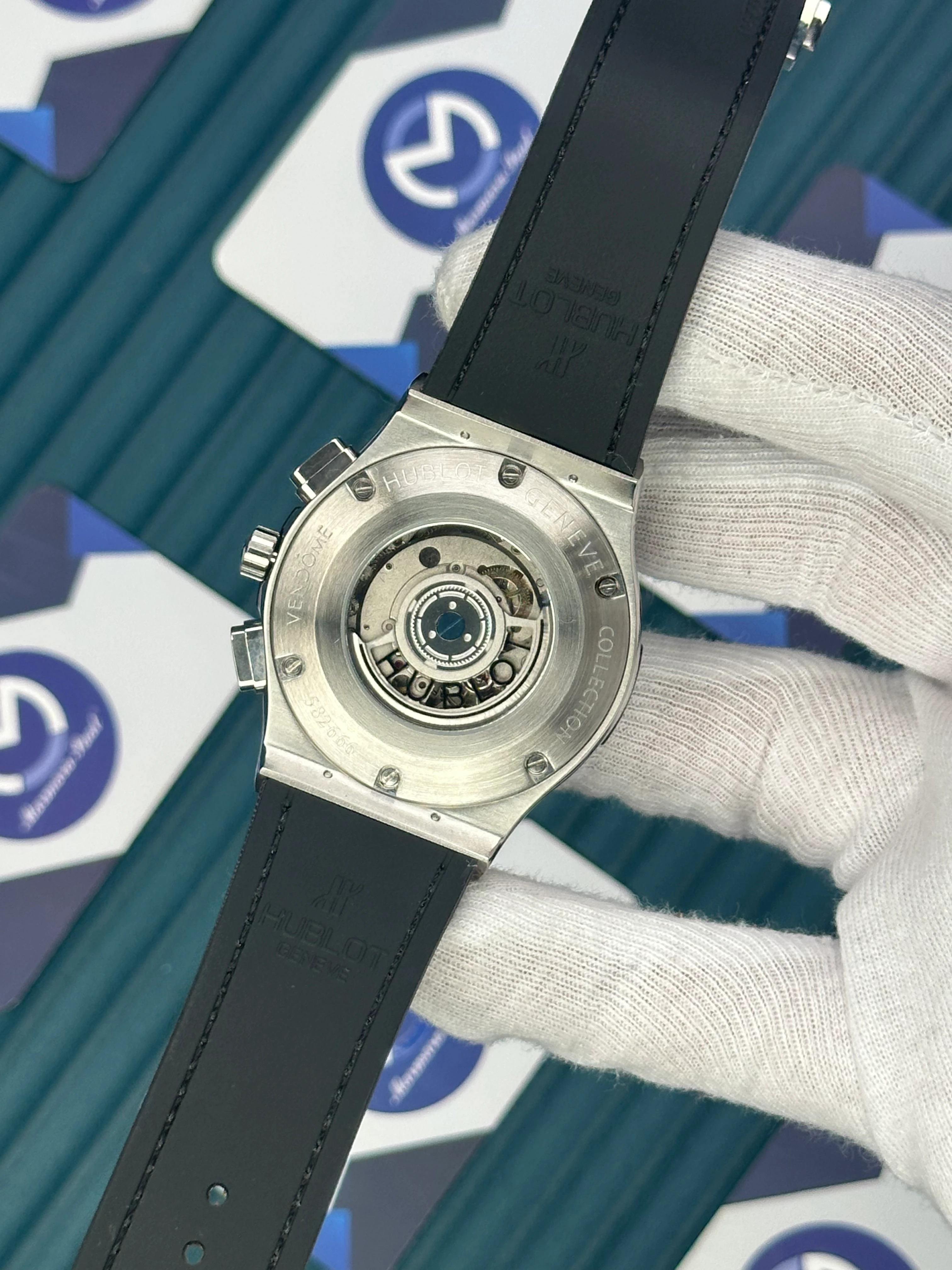 HUBLOT AUTOMATIC FUSHION VENDOME BLACK SKELETON DIAL SILVER CASE BROWN LEATHER CORD 