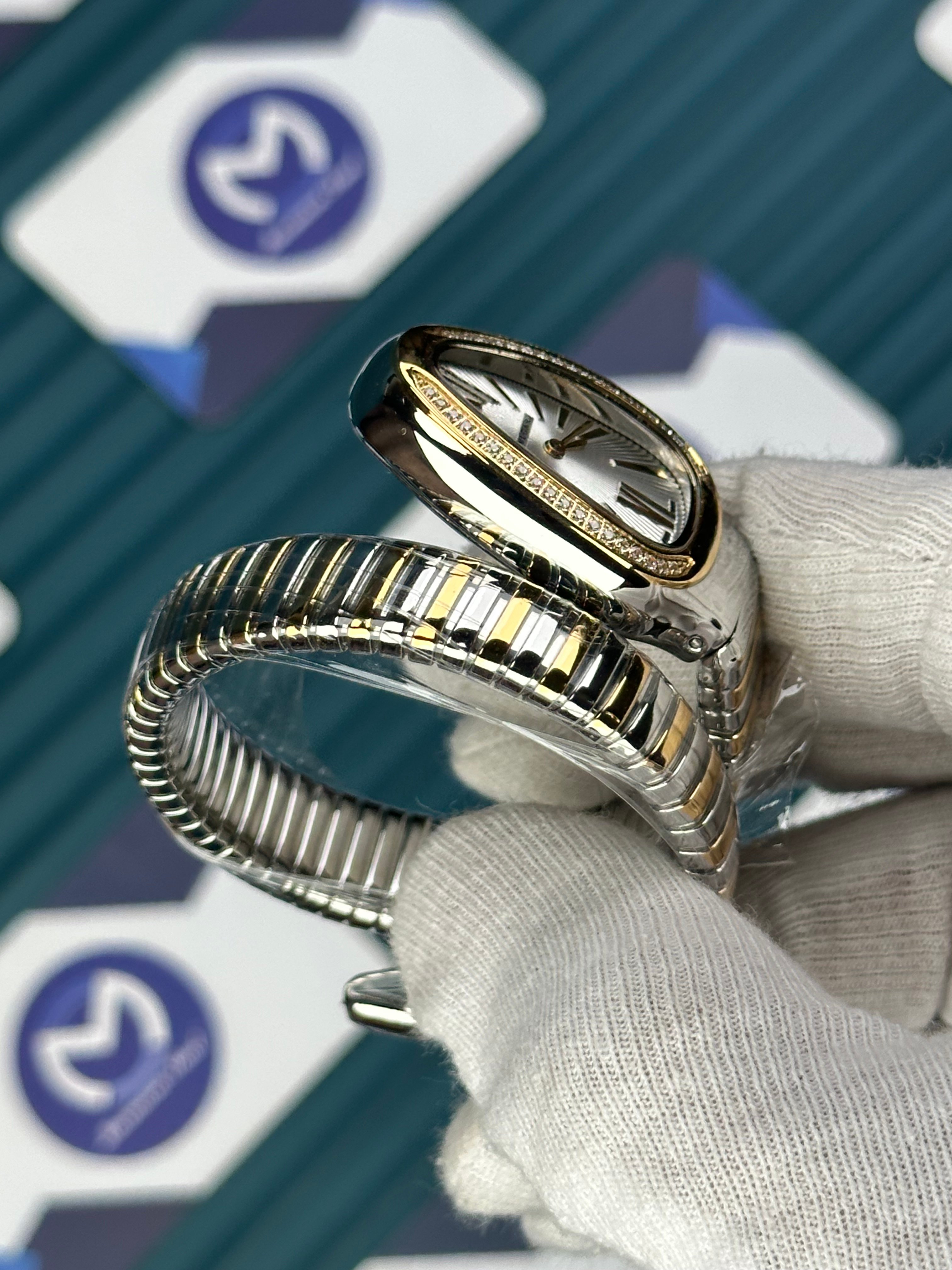 BVLGARI SERPENTI WHITE DIAL DIAMOND BEZEL GOLD-SILVER SHORT TUBOGAS